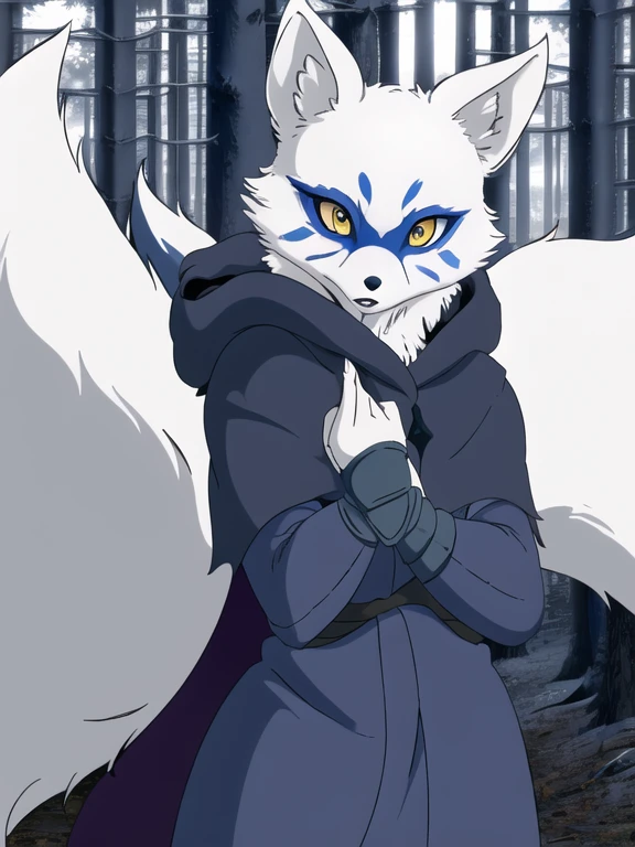 Alopex, arctic fox, furry character, blue mark eyes, tmnt, yellow eyes, 1girl, solo, kunoichi outfits, best quality, masterpiece, fox ears, cloak, cape, robe, forest