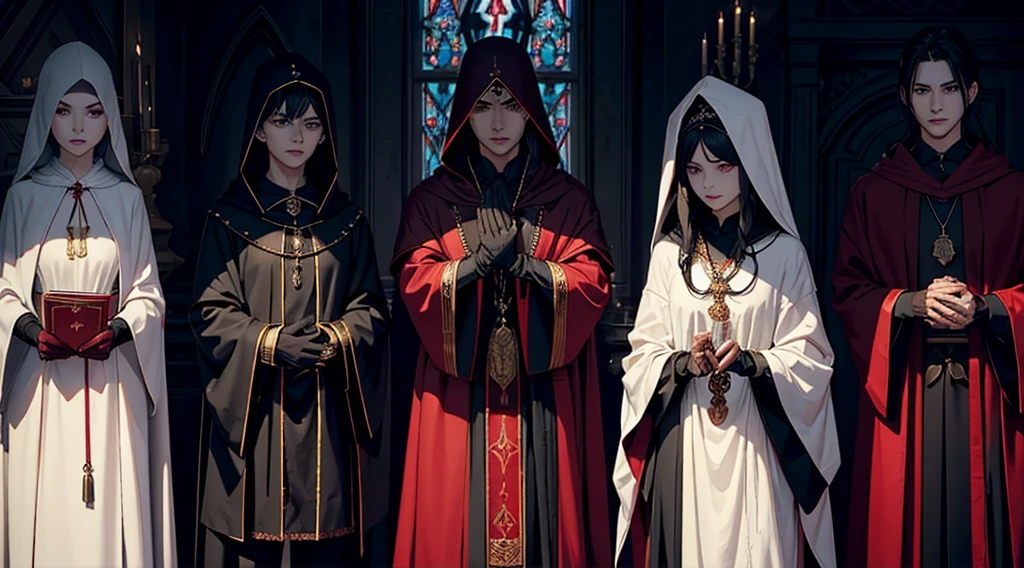    The apostles wear ceremonial robes, The tunics are predominantly black, symbolizing the connection with darkness and the mystery of vampires. Deep red details, representing blood and life. The material is made from luxurious fabrics like silk, to give a feeling of wealth and power, material provided by vampires, there is nothing equally as luxurious in the clothing of the farm people, as for these tunics. The cut is long and fluid, hitting the ground, with wide sleeves that open in the shape of a bell, allowing graceful and imposing movements during ceremonies. A wide hood that can partially cover the face, adding an air of mystery and reverence. Interior of the hood lined with red fabric, visible when hood is worn. The cape is fastened at the shoulder with stylized brooches., symbols associated with vampires. Heavy gold necklaces with pendants shaped like vampire teeth, small vials containing red liquid, symbolizing the essence of life and submission to vampiric power. Dark leather belts with ornate buckles, where the apostles can carry small sacred books, amulets or ritual tools. Fine leather and black lace gloves, to add a touch of elegance and mystery. 