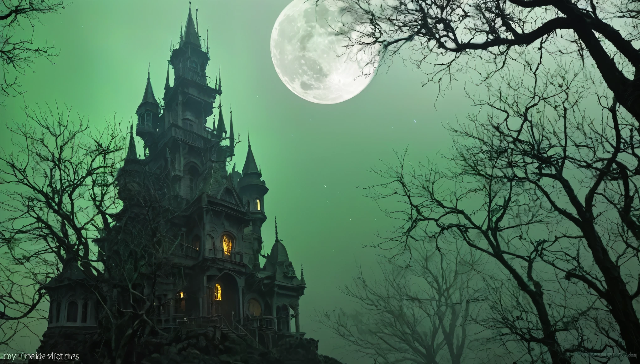 Look up,(Moon Night Fantasy Skeleton Fortress:1.4),((Skeleton Castle)),tree branch,Lots of branches,greenish tinge,green color,fog atmosphere,dark cloude,swirleysterious and dark,blood vess,uncanny,fog atmosphere,dense fog,opaque,streamer,bblurry,Torn clouds,((3 moons in three colors)),Clear and detailed image quality,Engaging shots,Soft lighting,Great details,Transparent starry sky,Unique architecture,Blinking lights,Active character actions,(best qualtiy:1.4),tmasterpiece,super-fine,A detailed,acurate,depth of fields ,absurderes、A high resolution、ultra - detailed,(Unattended:1.3),Break,Create an image using a prism effect,Light refracts and creates colorful、A kaleidoscopic look。 Break , design an image with fisheye lens effect,Capture a wide field of view with a unique curved perspective。 Break,,Dappled sunlight,Tranquil natural beauty。 Break , Depict a monochrome world,Use only black、White and gray shades to convey depth、Emotional and compelling visual impact。