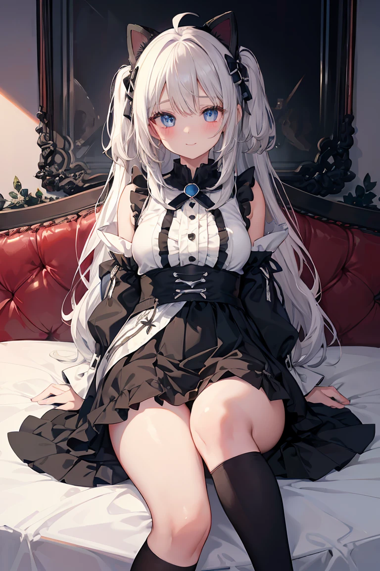 Two Girls, Black and white hair, cat collar black, Star-shaped pupil, 美しいAttention to detail目, blue eyes, Jewel-like eyes, , belly button, Japan Girls Room, Girl on bed, first field view, Ahoge, Hair that falls over the shoulders, Very long hair, very thick hair,Hug your feet, Beautifully detailed jewel leather color, Animal ears, smile, Embarrassing, blush, tear up, Attention to detail, anime, Romanticism, Shine, silhouette, Depth of written boundary, 超High resolution, retina, masterpiece, Accurate, Anatomically correct, Textured skin, Super Detail, Attention to details, Awards, 最high quality, High resolution, high quality, 16K