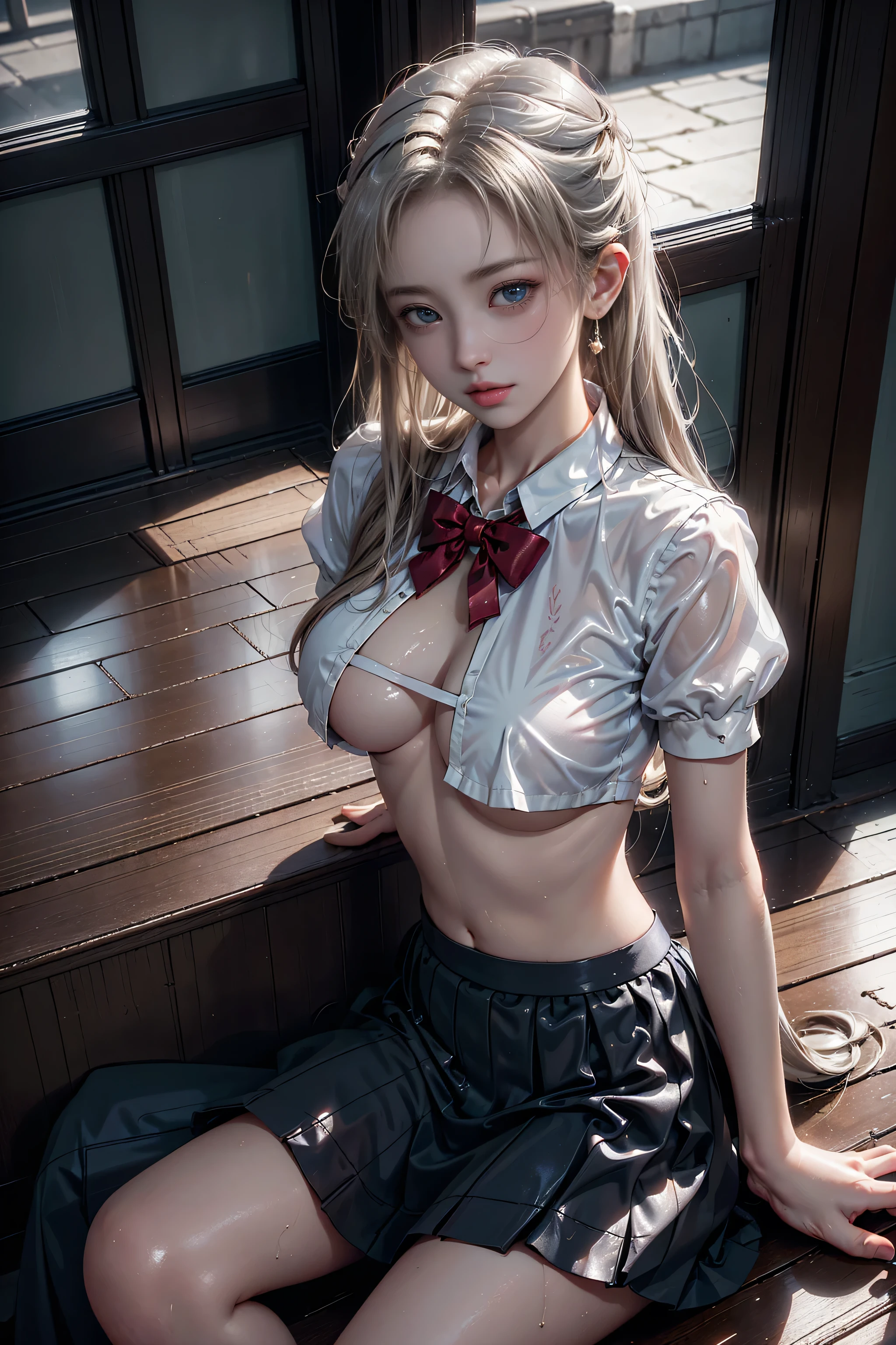 (Girl sitting on train seat)、Highest quality works、Actual work、Ultra Premium Graphics、8K HD CG Works、High quality graphics、High-definition CG works、10x pixels、Extremely fine detail:1.1、Advanced technical details:1.1 Photorealistic、Indoor Lighting Effects:1.5、Natural light:1.5。Lighting Effects(Virtual Lighting Effects:1.8),Long silver hair((Eyes closed)),Thin eyebrows,High nose,Clean red lips,Rose Cheeks,Subtle makeup face,Cute Face,Perfectly balanced face,(Girl),A light-toned foundation enhances the clarity of your skin.。 ((High school girl at the train door)),((Translucent wet white blouse、Red bow tie、Navy blue checked skirt)). 40k, photograph, Tabletop, Highest quality, Rain Background, ((Gorgeous wet light haired girl with beautiful eyes1 person, She has a beautiful face and、Wear glasses, ))。White skin, Mr.々A pose. ((Medium sized chest,:1.1)), Highest quality, Tabletop, Ultra-high resolution, (Real:1.4), RAWphotograph, (Perfect figure), (slim:1.3), Slim abdomen, Perfect slim figure, Dynamic Pose, (((Large :0. 9))、one person、Cold light 12000K、Highly detailed face and skin texture、Fine grain、Realistic eyes、Beautiful fine grain、(Real skin)、charm、Ultra-high resolution、surreal、Very detailed、((Soaking wet))、1 girl、(Light on face and chest)、(((((underboob)))))、Lower chest、Oily skin、Are thin、(The underside of the chest is slightly visible)、(I can see under my chest、Belly button and ribs visible)、The hips and lower abdomen are visible、(Pull up your skirt)、(White panties are visible)、
