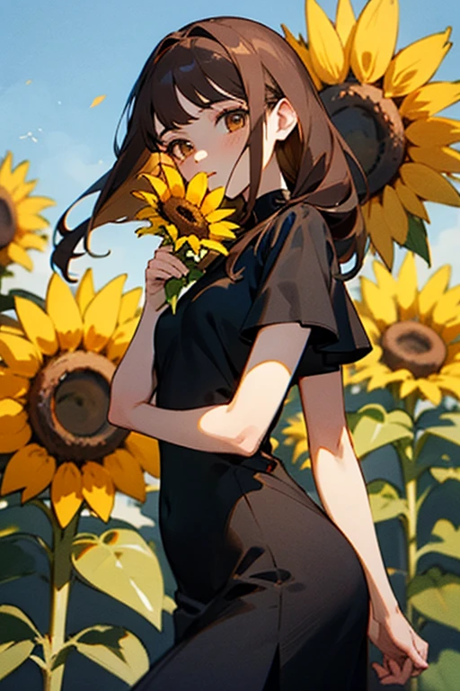 Pretty girl with brown eyes and long dark brown hair in tight black dress with a sunflower in her hand 