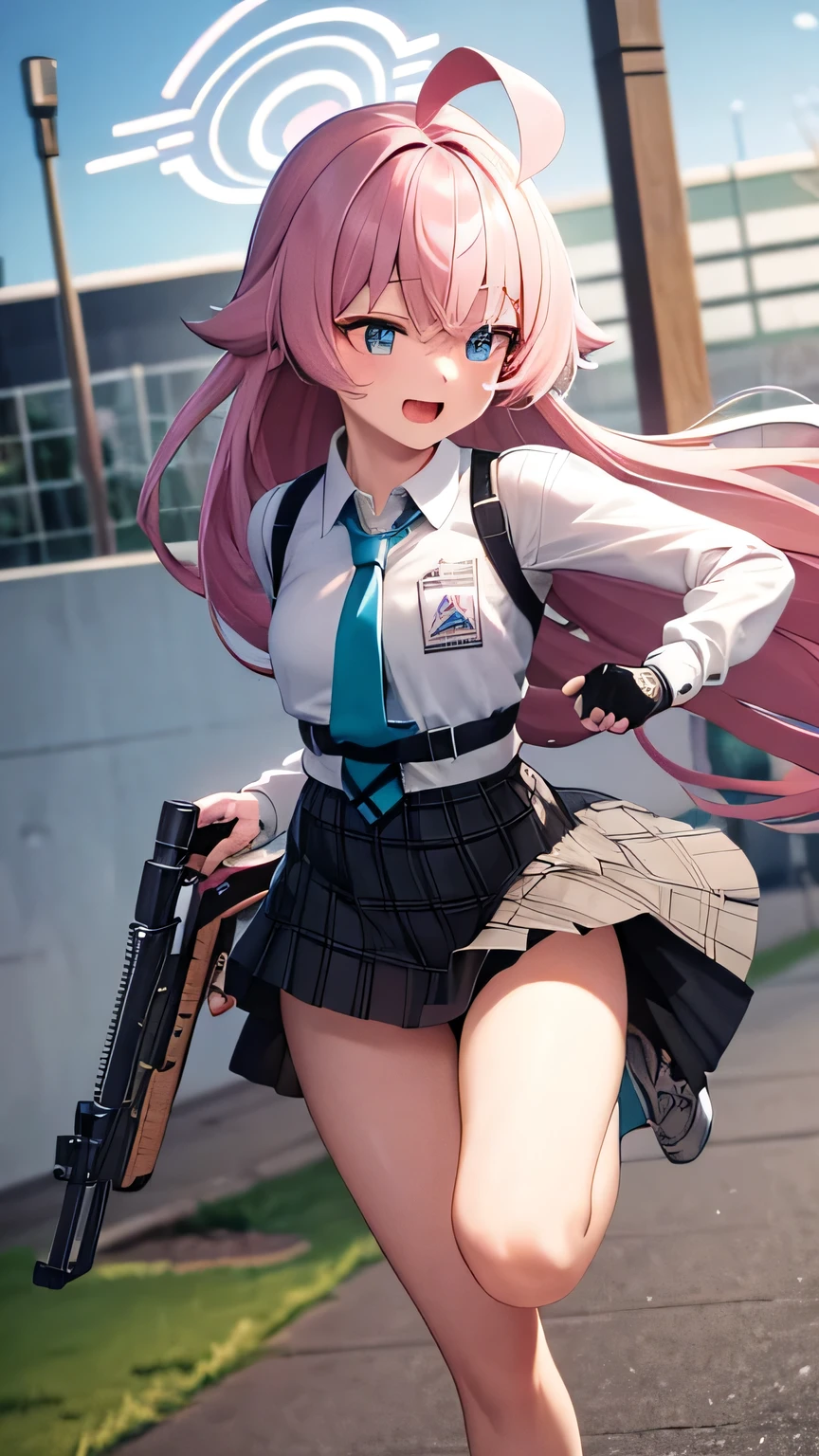 masterpiece, best quality, high quality, detailed, ultra detailed, insanely detailed, FHD, Full-HD, highres, running at full speed, looking ahead, petite, short, shooting a gun in front of her, with a shield