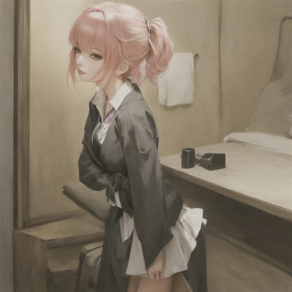 anime girl Pink Hair standing in front of a mirror, Gwaiz, Madoka Kaname, Gwaiz on Pixiv artstation, Pink Hair, Gwaiz on artstation Pixiv, Pixiv, Zerochan Art, artwork in the style of Gwaiz, mirai nikki, digital art on Pixiv, at PixivLet's start with a base illustration of a young female character.
Adjust the hair color to Hatsune Miku's iconic turquoise blue.
Style the hair to be very long, reaching below the waist, in twin tails. Ensure the twin tails are evenly balanced and neatly wrapped at the top.
Give the hair a glossy appearance and a slightly voluminous texture.
Create a youthful and cute facial expression with large, expressive eyes. The eye color should be a bright shade of blue.
Give her a characteristic slim and  body frame.
Remove the distinctive outfit consisting of a sleeveless top, tie, and pleated skirt. Include shades of teal and black in the color scheme.
Include signature accessories such as a futuristic headset, microphone, and detachable sleeves.
Optionally, add knee-high boots or thigh-high socks in matching color tones.
Provide a background that complements the aesthetic, such as a futuristic cityscape or a concert stage with colorful lights.
Please note that due to the complexity of the instructions, it may be challenging for an AI to accurately generate an image based on the exact specifications provided.
Please draw it in a sketch-like style, resembling an idea sketch.
A drawing that looks like it was done with a pencil. A picture drawn in a messy manner. A drawing done with hesitation.Soft Joints - Dancer's Joints - Twisting the Hips Dramatically - No Use of Black in Outlines - Pink Illumination - Lowered Gaze - Slender Eyes - Puffy Cheeks - Visible Abdominal Skin - Hair Color is Aqua - Hair Doesn't Turn Green - Employing Light Pastel Colors for Outlines.