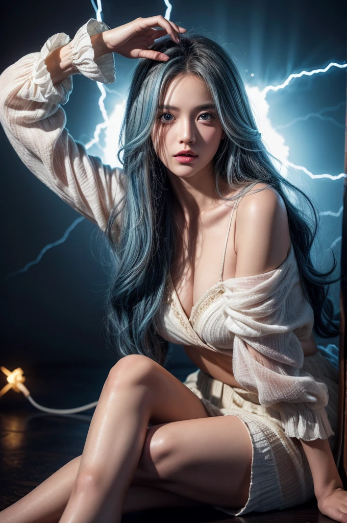 1girl,small breast,{bare knee},best quality,highly detailed,{{masterpiece}},ultra-detailed,illustration,{{{hiten}}},Depth of field,wind lift,very long hair,beautiful detailed eyes,{{{a mechanical arm}}},{surrounded lightning magiccircle},light blue eyes,beautiful detailed eyes,gorgeous,cowboy shot,{looking at viewer},{strong light on body},{{Iridescence hair}},{{{watercolor_(medium)}}},glowing circle pupils,sitting,floating hair,{pleated_skirt},{{{{lightning bolt hair ornament_glowing}}}},blue hair,burningsky,{{tareme}},{{{holding lightning _glowing_huge}}},lightningeffect,{{detailed electricity surrounded}},{electricity},{Burnoneselfinflames},lightning dark clouds,, best quality,masterpiece,realistic,masterpiece,Highly detailed,extreme detail description,extremely detailed CG unity 32k wallpaper,8k,