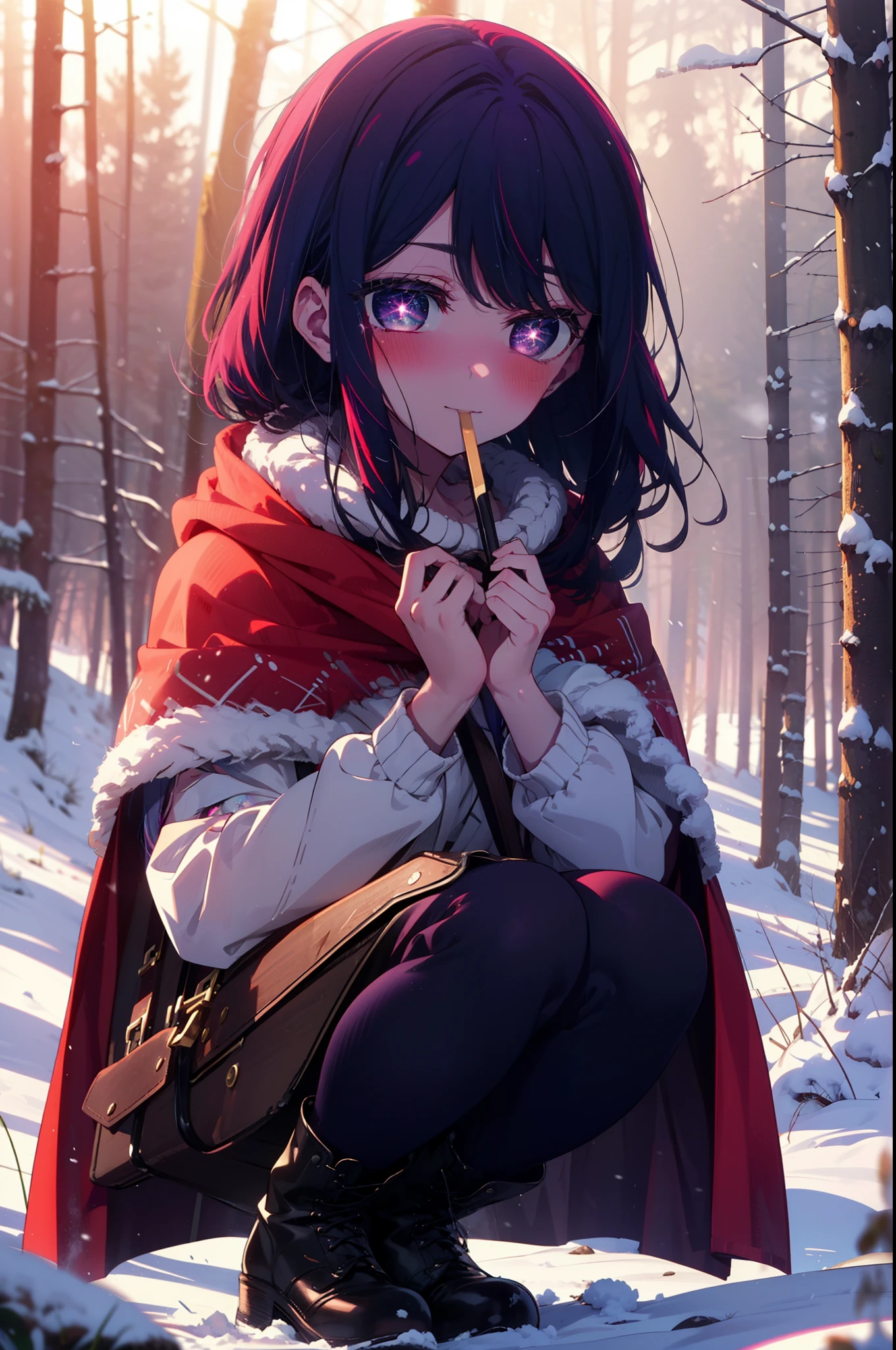 aihoshino, Ai Hoshino, Long Hair, bangs, (Purple eyes:1.1), Purple Hair, (Symbol-shaped pupil:1.5), smile,,smile,blush,white breath,
Open your mouth,snow,Ground bonfire, Outdoor, boots, snowing, From the side, wood, suitcase, Cape, Blurred, , forest, White handbag, nature, Squat, Mouth closed, Cape, winter, Written boundary depth, Black shoes, red Cape break looking at viewer, Upper Body, whole body, break Outdoor, forest, nature, break (masterpiece:1.2), Highest quality, High resolution, unity 8k wallpaper, (shape:0.8), (Beautiful and beautiful eyes:1.6), Highly detailed face, Perfect lighting, Extremely detailed CG, (Perfect hands, Perfect Anatomy),