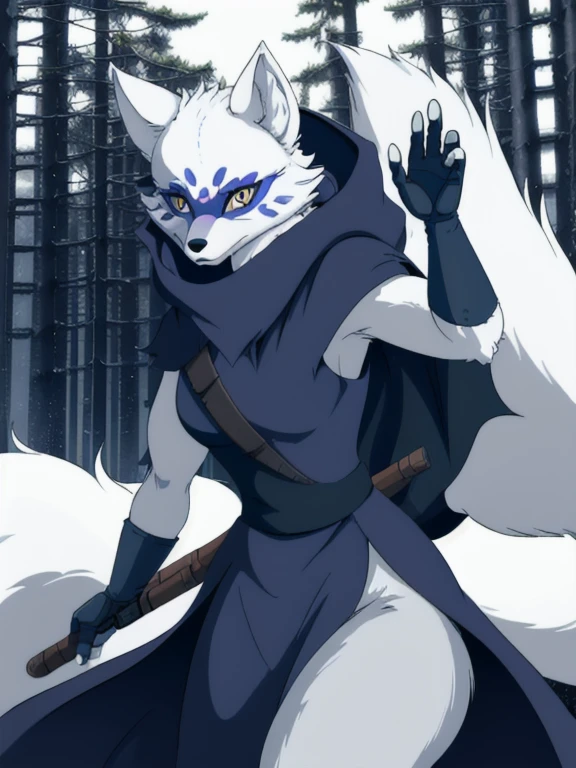 Alopex, arctic fox, furry character, blue mark eyes, tmnt, yellow eyes, 1girl, solo, kunoichi outfits, best quality, masterpiece, fox ears, cloak, cape, robe, forest