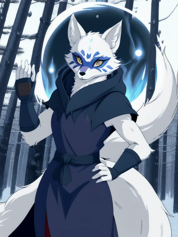 Alopex, arctic fox, furry character, blue mark eyes, tmnt, yellow eyes, 1girl, solo, kunoichi outfits, best quality, masterpiece, fox ears, cloak, cape, robe, forest