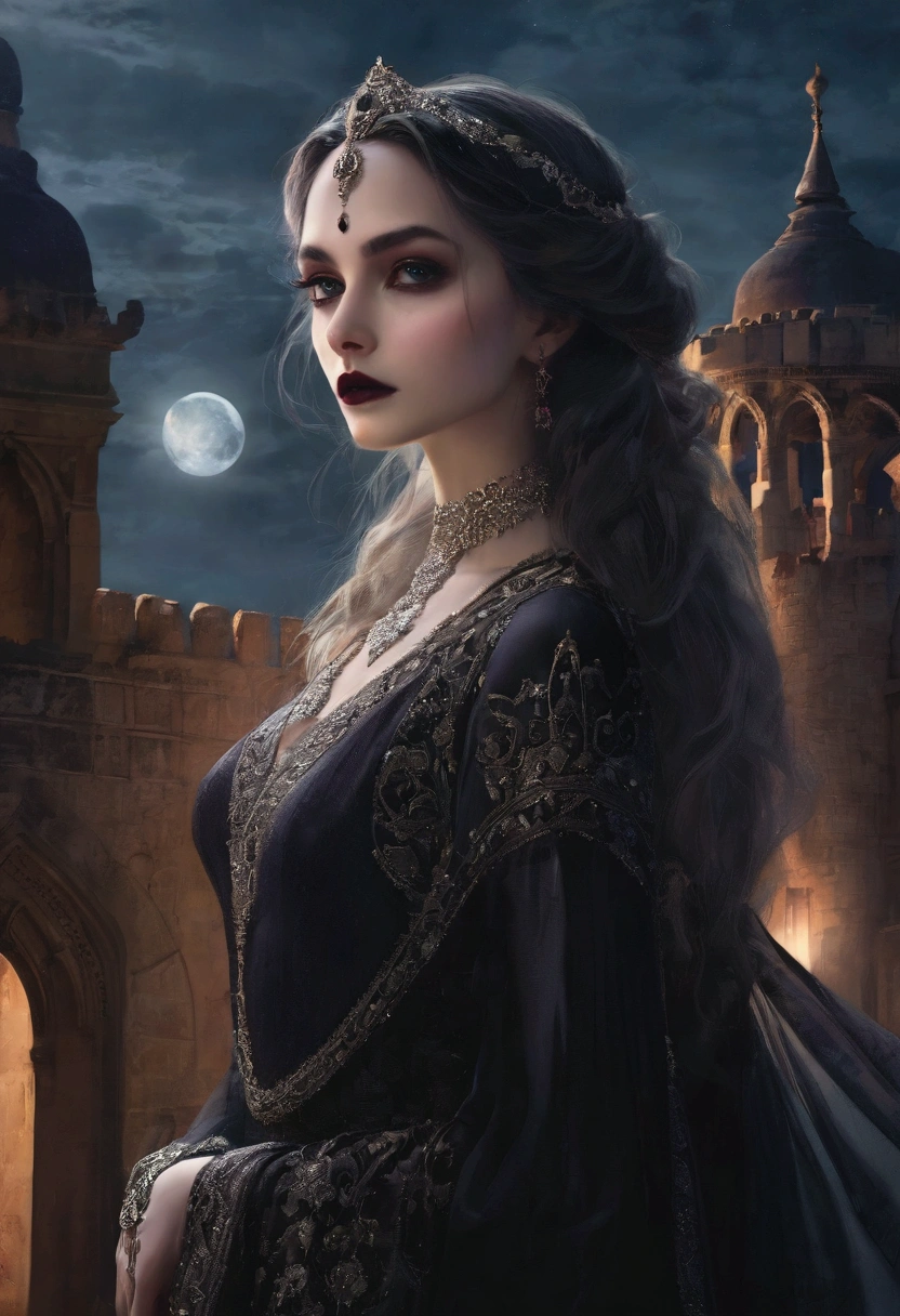 castle,vampire,moonlight,seductive woman,Indian beauty,illustration,gothic,ancient ruins,wispy smoke,black and white,ethereal,nighttime,starlit sky,ominous shadows,dramatic composition,high contrast,detail-oriented,exquisite details,vivid colors,dark atmosphere,romantic,enchanted,moonlit courtyard,mysterious aura,elaborate costumes,sharp edges,dramatic lighting,aesthetic,dark lips,flowing hair,mysterious gaze,long nails,imposing presence,majestic architecture,haunting,alluring,regal appearance,sensual and captivating,pale skin,deep eyes