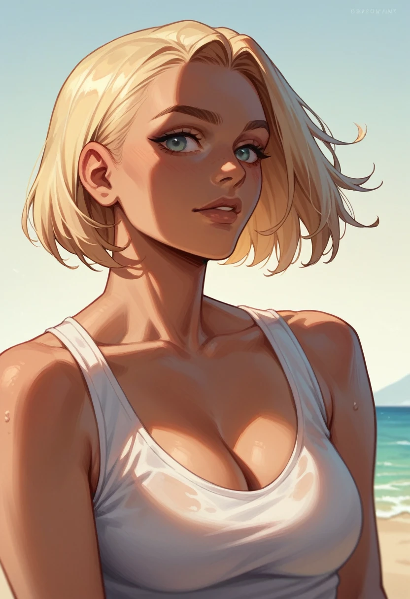 Flat colors, close up, portrait of a 25 year old surfer looking girl, tan skin, beach blonde salty hair, natural beaty, beautiful, casual, see thru tank top, Cleavage simply white background