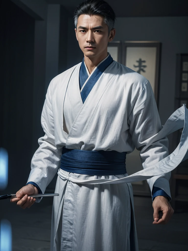 An old Taoist,Wear linen,blue, realisticlying,dynamic lights,Brush cut,Thin stature,no facial hair,full shoot,inch hair,(Highly detailed CG Unity 8k wallpaper),high detal,tack sharp focus,dramatic,Photoreality