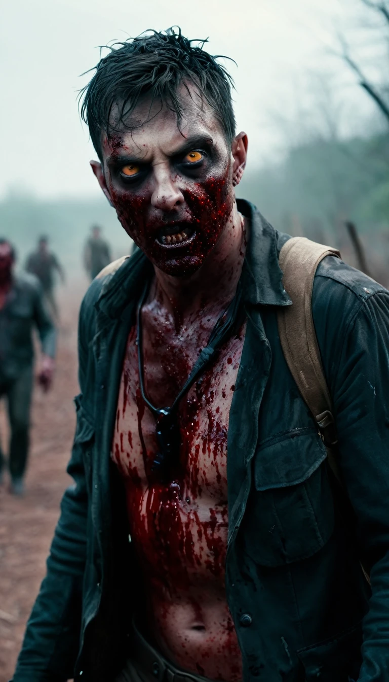 fking_scifi_v2,
portrait of (undead zombie:1.2) chris pratt,
asymmetrical face, (rotting), flesh, gore, exposed muscle, raw flesh,
dry skin, decay,
wearing ragged clothing, rags,
missing nose,
radiation burns,
head wound,
(milky eyes), (cataracts:1.1),
black blood, bloody, gory,
grime, soot, dirt,
80mm, f/1.8, dof, bokeh, depth of field