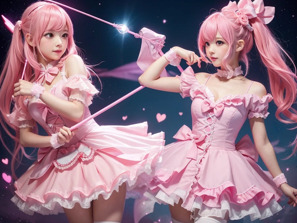 Girl with pink hair,ゴージャスなMagical girlの衣装, Pink dress with ribbons and frills, I have a magic wand in my hand, The tip of the wand is a glowing pink heart., Designed to look like a bow and arrow, Magical girl