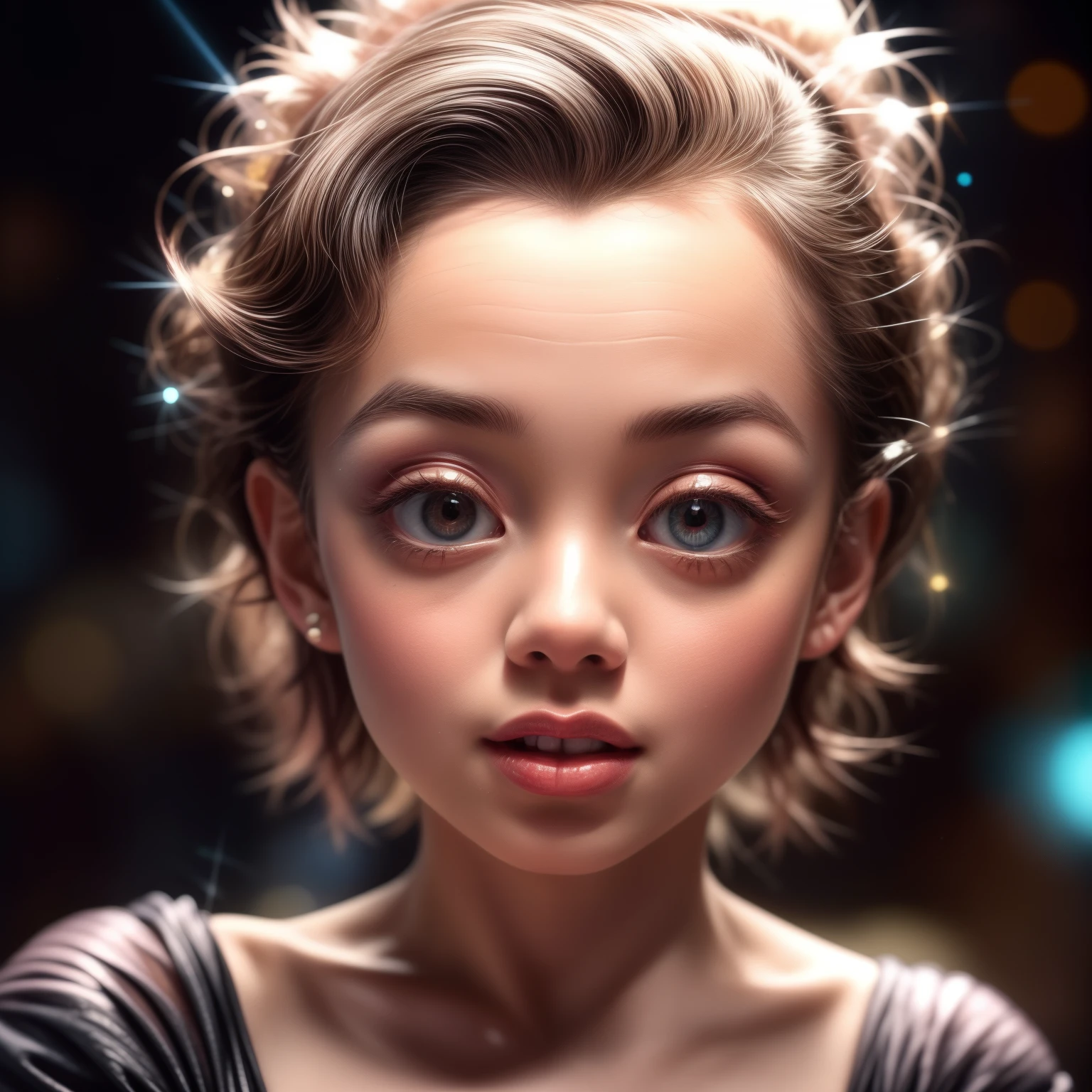 8k, High-level, absurd, masterpiece, best quality, primitive, very detailed CG, very detailed wallpaper, perfect lighting, Extremely detailed (((The personifying "Marilyn Monroe" as a TinyGirl))), MysticSight, Tyndall effect, Tyndall scattering, (Studio gray background with (many Dazzling RainbowColor particles BokeH)), (RoundlyButts, ThighGap), (Exposed:-0.9), (Assfocus with looking ahead), BREAK (NOGIZAKA face variations) Extremely Detailed very KAWAII face variations, perfect anatomy, Childish, captivating gaze, elaborate detailed Eyes with (sparkling highlights:1.28), long eyelashes、Glossy RED Lips with beautiful details, Coquettish tongue, Rosy cheeks, Radiant PearlSkin with clear transparency . { (Dynamic LifeLike expressions:1.4) | :d) }, (large eyes:-1) .