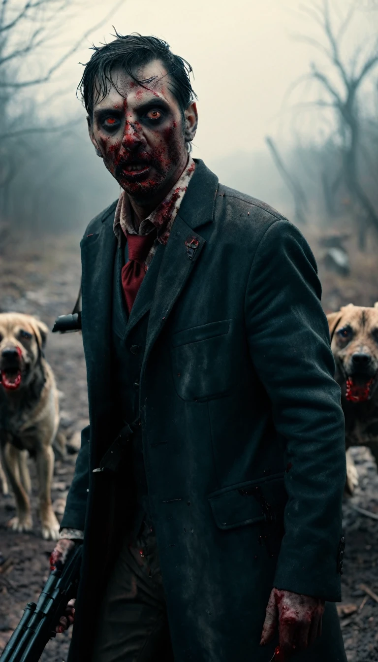 ((Close-up photo of walking deadth, handsome zombie dogs, hunting, blood)), slow walking, torn clothes, bloodshot eyes, creepy, cinematic background, smoke, desolation, cold, haunting the viewer. Photo taken with Canon EOS R5 85mm f/11 Camera, ((sharp)) mode of people and surrounding scenery. Image quality ((8K)), ((lifelike)), ((masterpiece)), ((sharp and highest contrast)), ((great depth of field)), ((light stereolithography)).