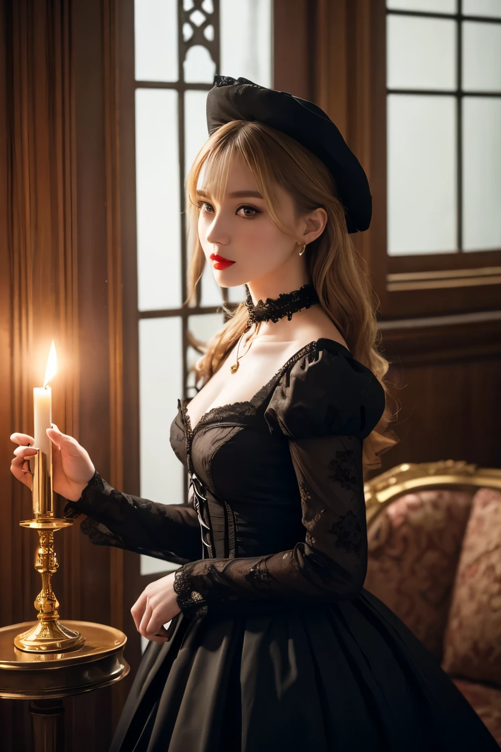 In the image、There is a female character wearing a dark, Victorian-inspired ta outfit.。She stands in a luxurious room、In his right hand he holds a red candle。The character has loose, curly blonde hair.、She is wearing a dark red hat that matches her dress.。Her makeup is dramatic、Dark eyeliner and red lipstick accentuate her striking and mysterious look.。
She is wearing a dark red dress with black lace accents and a high collar.、long sleeves、Comes with black lace cuffs。The bodice has intricate black lacing、The skirt has alternating red and black ruffles.、Adds volume and depth to the outfit。She wears a gold cross necklace around her neck.、Adds a touch of gothic elegance。
The background is richly decorated with patterned curtains and chandeliers.、It exudes a luxurious and vintage feel.。The lighting is warm from the chandelier.、Perhaps it emits a soft glow.、It creates deep shadows that highlight the texture and detail of the dress and accessories.。
The overall atmosphere of the image is gothic and luxurious.、It captures the essence of Victorian Loliashion with a touch of dark elegance.。
