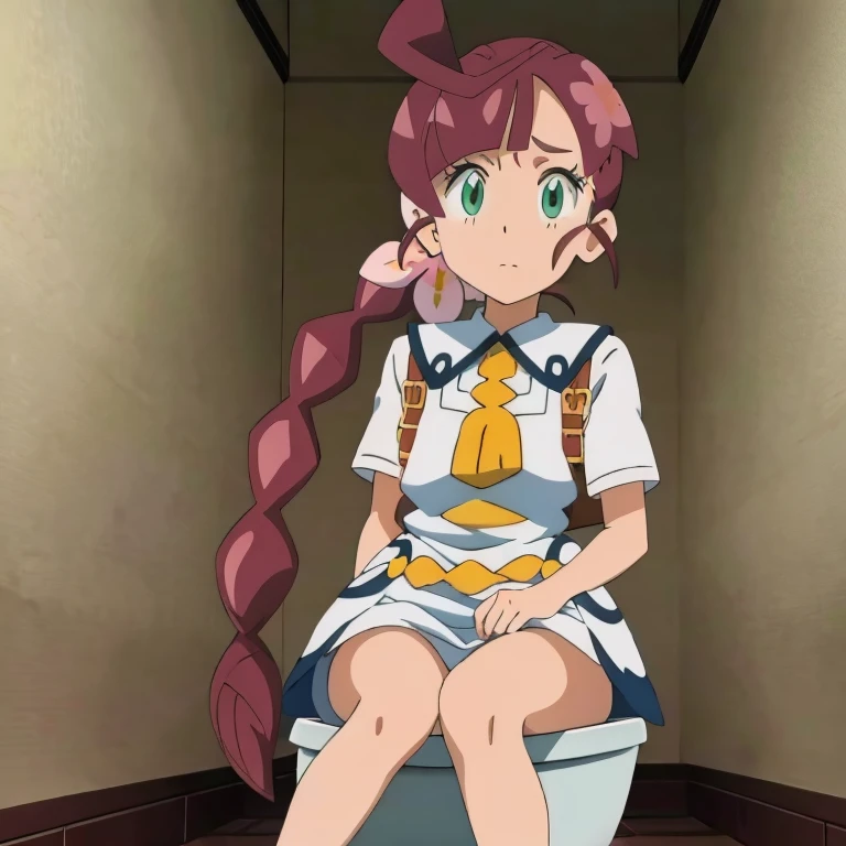 koharu sakuragi,white dress,toilet,anime girl sitting on toilet with her legs crossed,pooping,explosive diarrhea, anime moe artstyle, soft anime illustration, small girl, ribbon in her hair, an anime girl,in dress, , in an anime style, young anime girl, cute anime girl