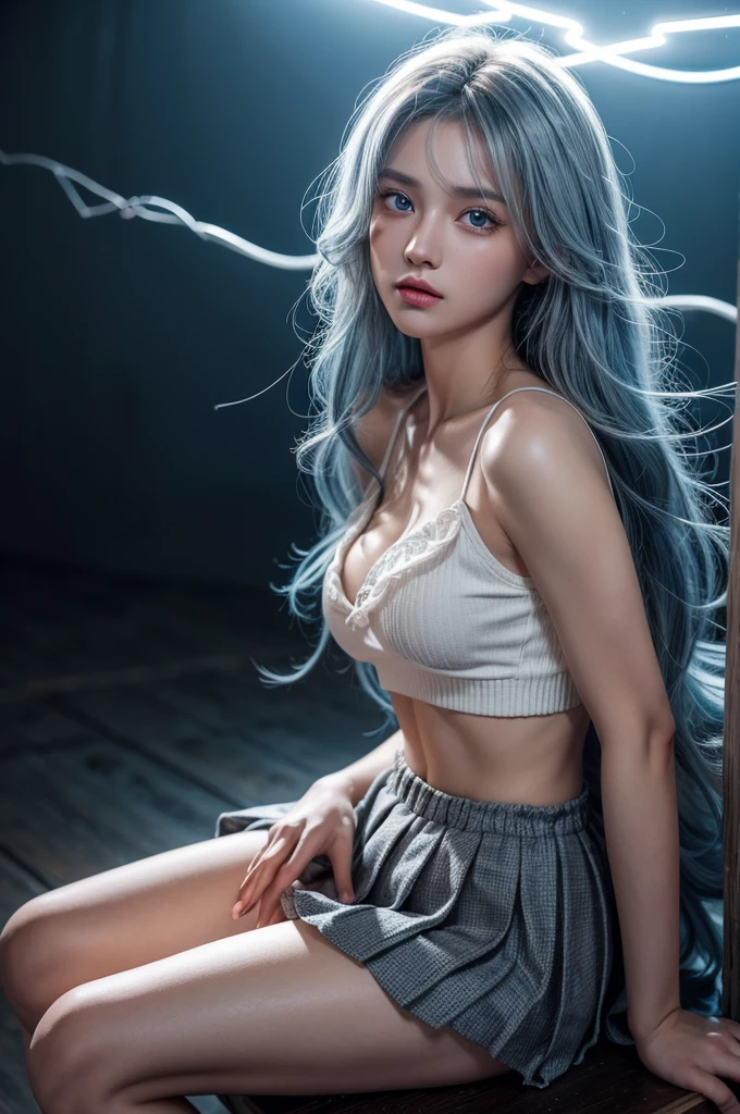 a beautiful young korean woman with long white hair and bangs, icy blue eyes, pale white skin, wearing a white skimpy ninja suit, video game style, mortal kombat style, (best quality,4k,8k,highres,masterpiece:1.2),ultra-detailed,(realistic,photorealistic,photo-realistic:1.37),extremely detailed eyes and face,longeyelashes,beautiful detailed lips,beautiful detailed eyes,elegant,graceful,dynamic pose,action scene,moody lighting,dark shadows,neon lights,dramatic colors,vibrant colors
