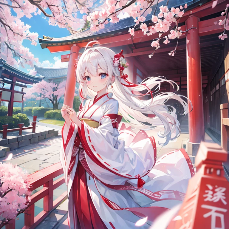 pure white bride、Shinto wedding ceremony、Red Torii Gate、cherry blossoms、Gentle spring sunshine、Traditional Wedding、happiness、bless