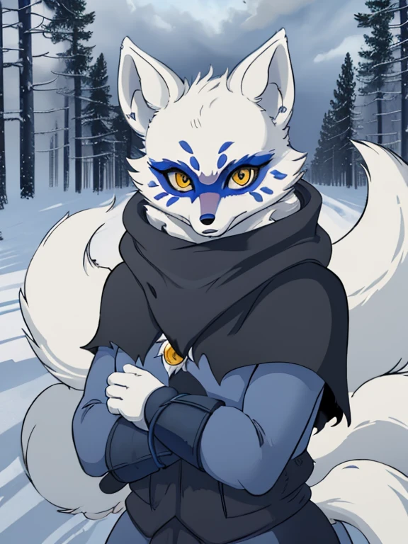 Alopex, arctic fox, furry character, blue mark eyes, tmnt, yellow eyes, 1girl, solo, kunoichi outfits, best quality, masterpiece, fox ears, cloak, cape, forest