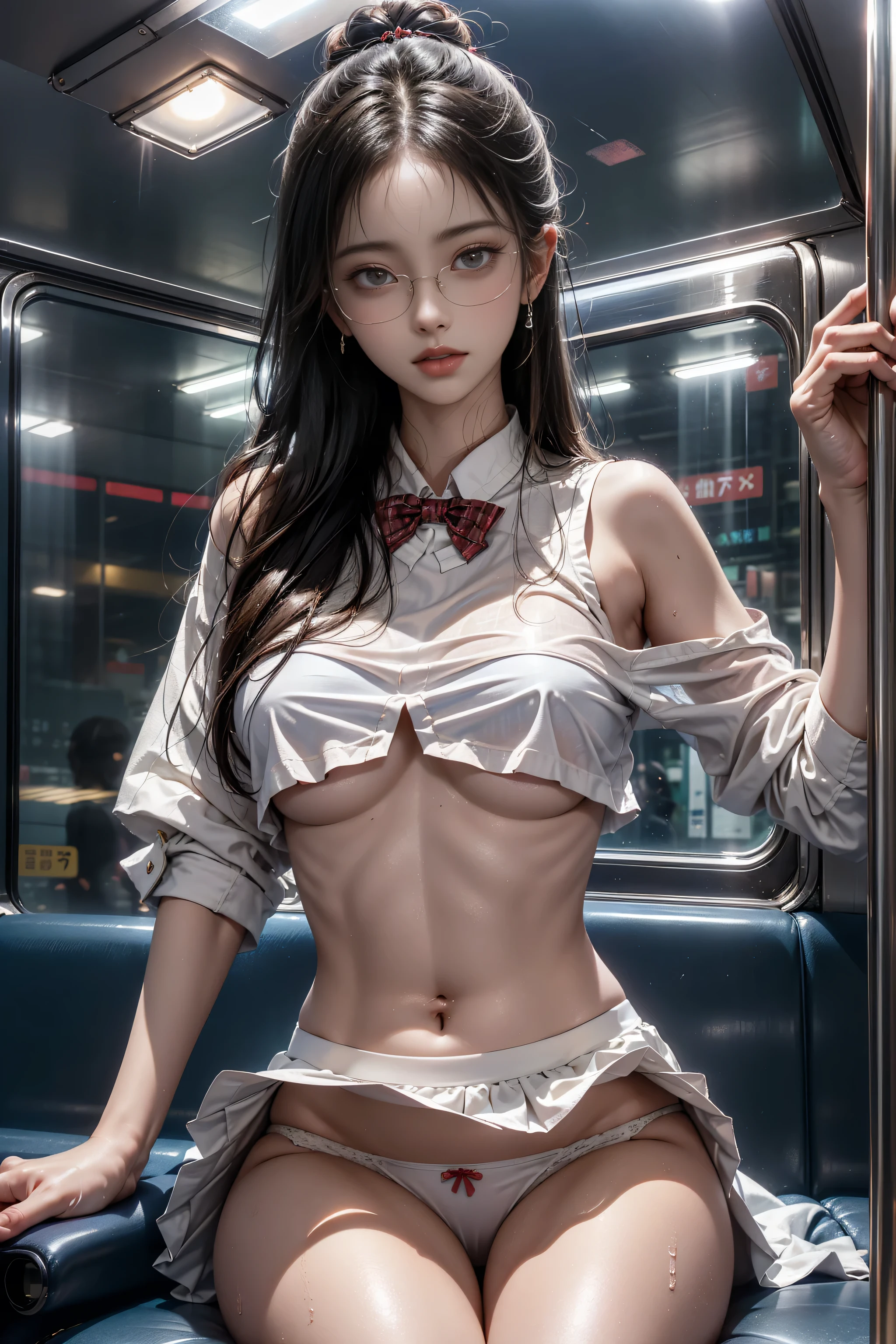 （Girl sitting on train seat）、Highest quality works、Actual work、Ultra Premium Graphics、8K HD CG Works、High quality graphics、High-definition CG works、10x pixels、Extremely fine detail：1.1、Advanced technical details：1.1 Photorealistic、Indoor Lighting Effects：1.5、Natural light：1.5。Lighting Effects（Virtual Lighting Effects：1.8），Long silver hair，Thin eyebrows，High nose，Clean red lips，Rose Cheeks，Subtle makeup face，Cute Face，Perfectly balanced face，（Girl），A light-toned foundation enhances the clarity of your skin.。 ((High school girl at the train door)),((Translucent wet white blouse、Red bow tie、Navy blue checked skirt)). 40k, photograph, Tabletop, Highest quality, Rain Background, ((Gorgeous wet light haired girl with beautiful eyes1 person, She has a beautiful face and))、((Wear glasses ))。White skin, Mr.々A pose. ((Medium sized chest,:1.1)), Highest quality, Tabletop, Ultra-high resolution, (Real:1.4), RAWphotograph, (Perfect figure), (slim:1.3), Slim abdomen, Perfect slim figure, Dynamic Pose, (((Large :0. 9))、one person、Cold light 12000K、Highly detailed face and skin texture、Fine grain、Realistic eyes、Beautiful fine grain、(Real skin)、charm、Ultra-high resolution、surreal、Very detailed、((Soaking wet))、1 girl、(Light on face and chest)、(((((underboob)))))、Lower chest、Oily skin、Are thin、(The underside of the chest is slightly visible)、(I can see under my chest、Belly button and ribs visible)、The hips and lower abdomen are visible、(Pull up your skirt)、((White panties are visible))、