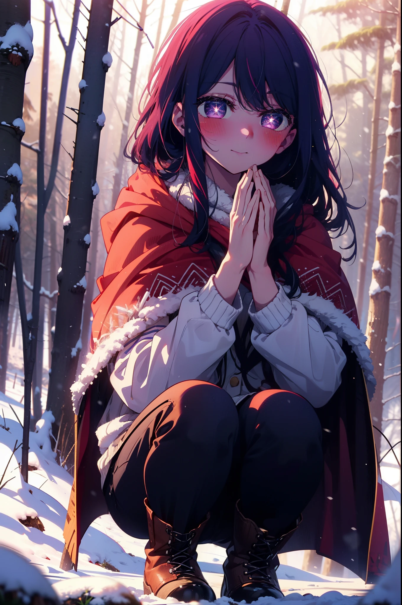 aihoshino, Ai Hoshino, Long Hair, bangs, (Purple eyes:1.1), Purple Hair, (Symbol-shaped pupil:1.5), smile,,smile,blush,white breath,
Open your mouth,snow,Ground bonfire, Outdoor, boots, snowing, From the side, wood, suitcase, Cape, Blurred, , forest, White handbag, nature,  Squat, Mouth closed, Cape, winter, Written boundary depth, Black shoes, red Cape break looking at viewer, Upper Body, whole body, break Outdoor, forest, nature, break (masterpiece:1.2), Highest quality, High resolution, unity 8k wallpaper, (shape:0.8), (Beautiful and beautiful eyes:1.6), Highly detailed face, Perfect lighting, Extremely detailed CG, (Perfect hands, Perfect Anatomy),