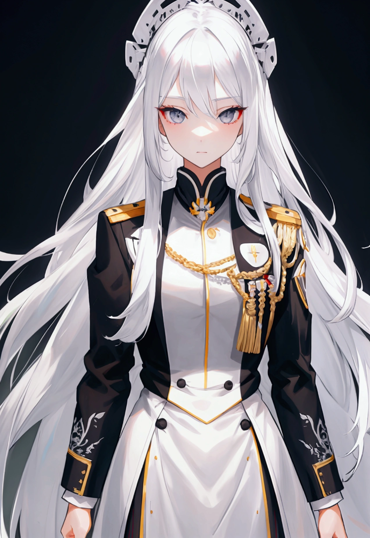 Long white hair, grey eyes, slim,uniform,front view, 8k, best quality, high resolution. 