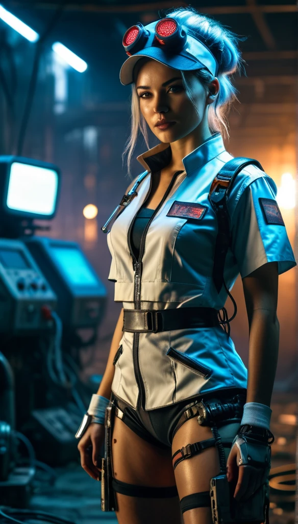 cinematic full body shot of a young and beautiful cyberpunk nurse, wastelands background, old high-tech and rusty stuff, cinematic lighting, 8k, photorealistic, highly detailed, masterpiece, studio quality