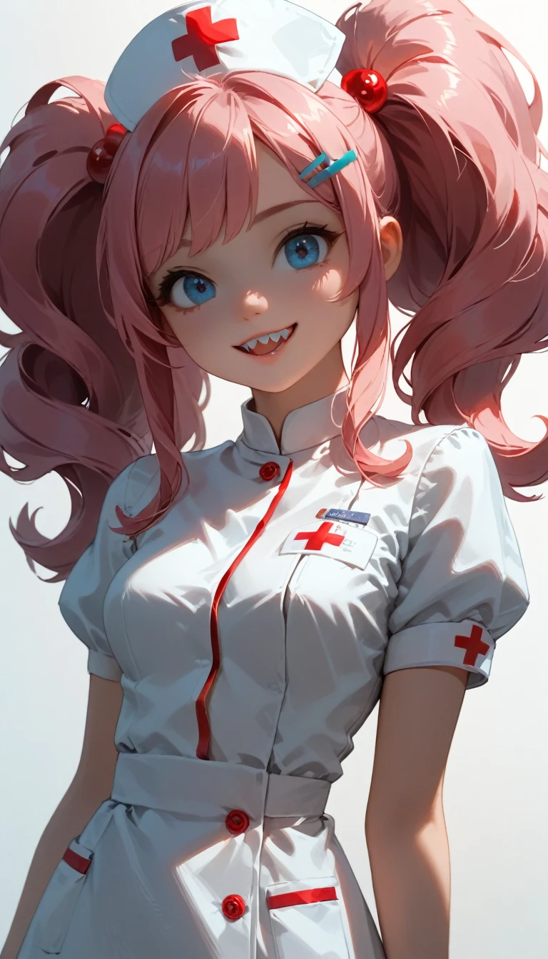 A beautiful girl wearing a shiny high-neck nurse uniform（20th Generation）with long, pink hair with loose waves, wearing an eyepatch with a heart mark on one eye.