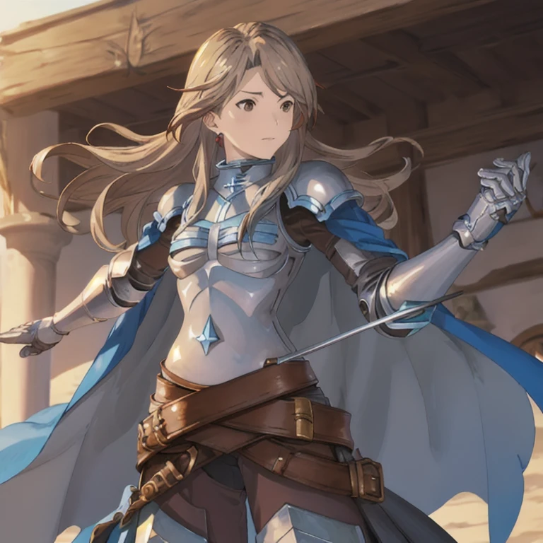 katalina (granblue fantasy), armor, gauntlets, belt, breastplate, shoulder armor, cape, pauldrons, pants, best quality 