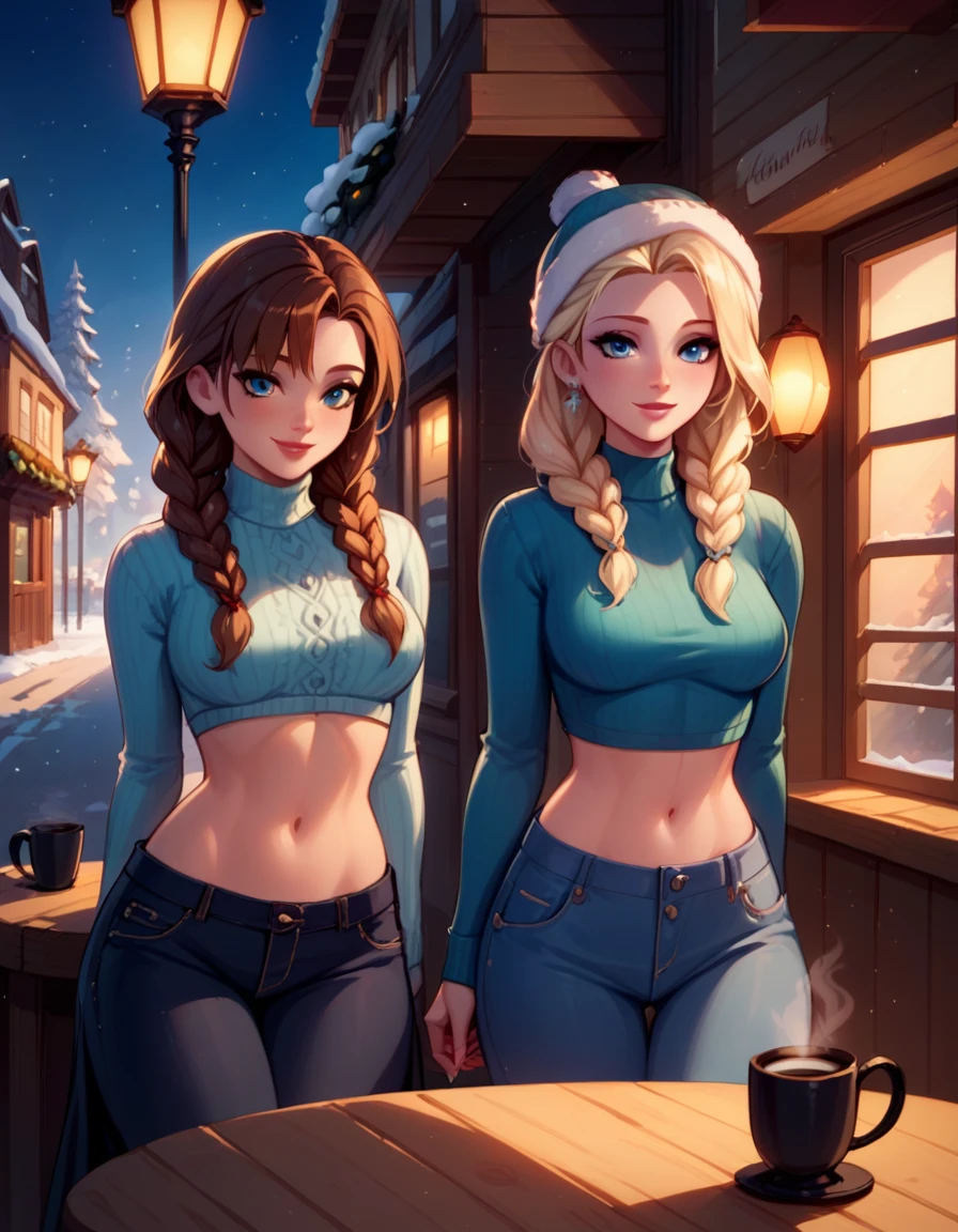 score_9, score_8_up, score_7_up, score_6_up, 2girls, elsa (blonde hair, braid, sexy modern winter attire, navel:1.1) and anna (brown hair, braided pigtails, sexy modern winter attire, navel:1.3),, snowy village street, lovers, in love, inside a roadside coffee shop, having a coffee date, they are seated at a round wooden coffee table, they are enjoying a romantic moment, the camera angle positioned across from them to capture the view outside, the image should convey a sense of warmth and intimacy, with a medium shot framing the couple and the scenic view through the window, coffee, (cinematic lighting:1.2),, (sunset:1.2).