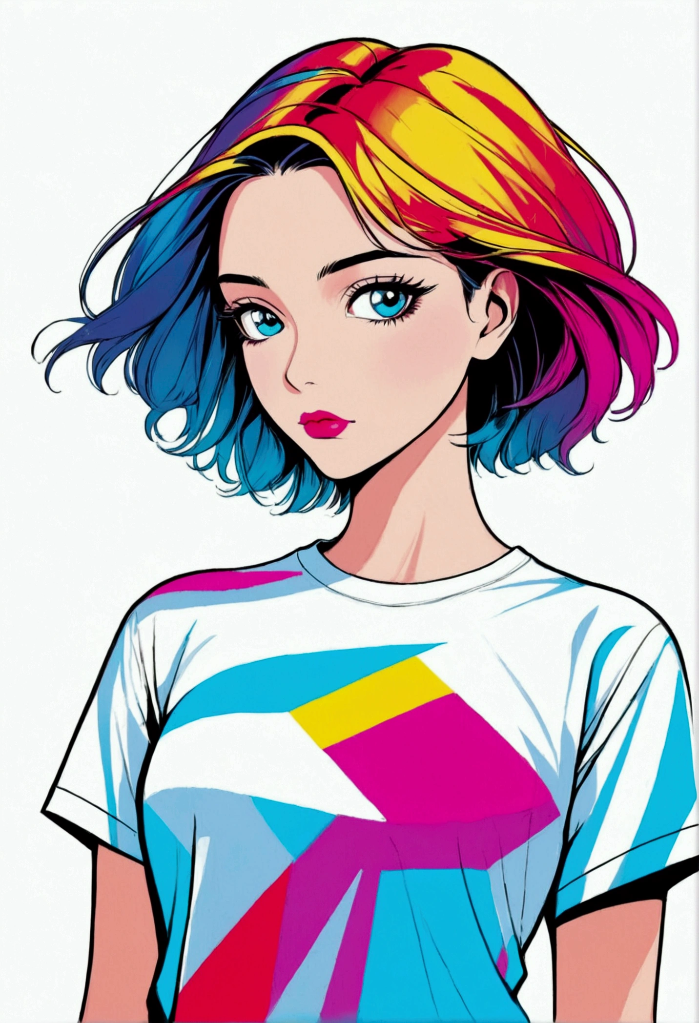 Vibrant and modern 2D flat vector Pop Art featuring a sleek, Bauhaus design, with a focus on a professional graphic design aesthetic, ideal for a colorful t-shirt design, white background