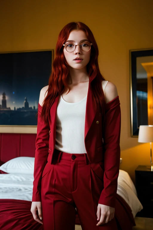A young avatar, with strong red hair, with round lenses, in a luxurious and modern room