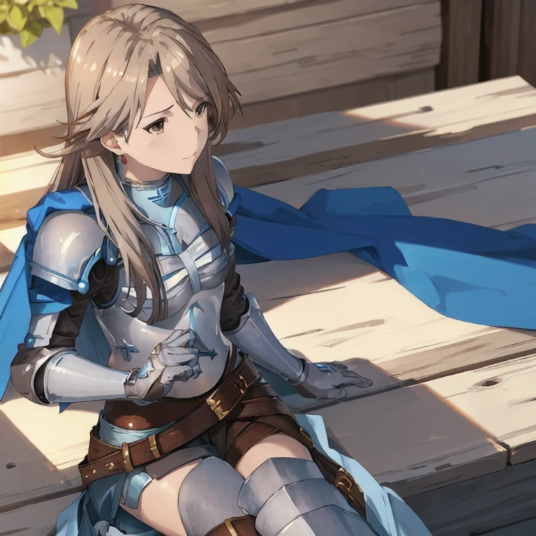 katalina (granblue fantasy), armor, gauntlets, belt, breastplate, shoulder armor, cape, pauldrons, pants, sitting, best quality Solo, 1girl, 