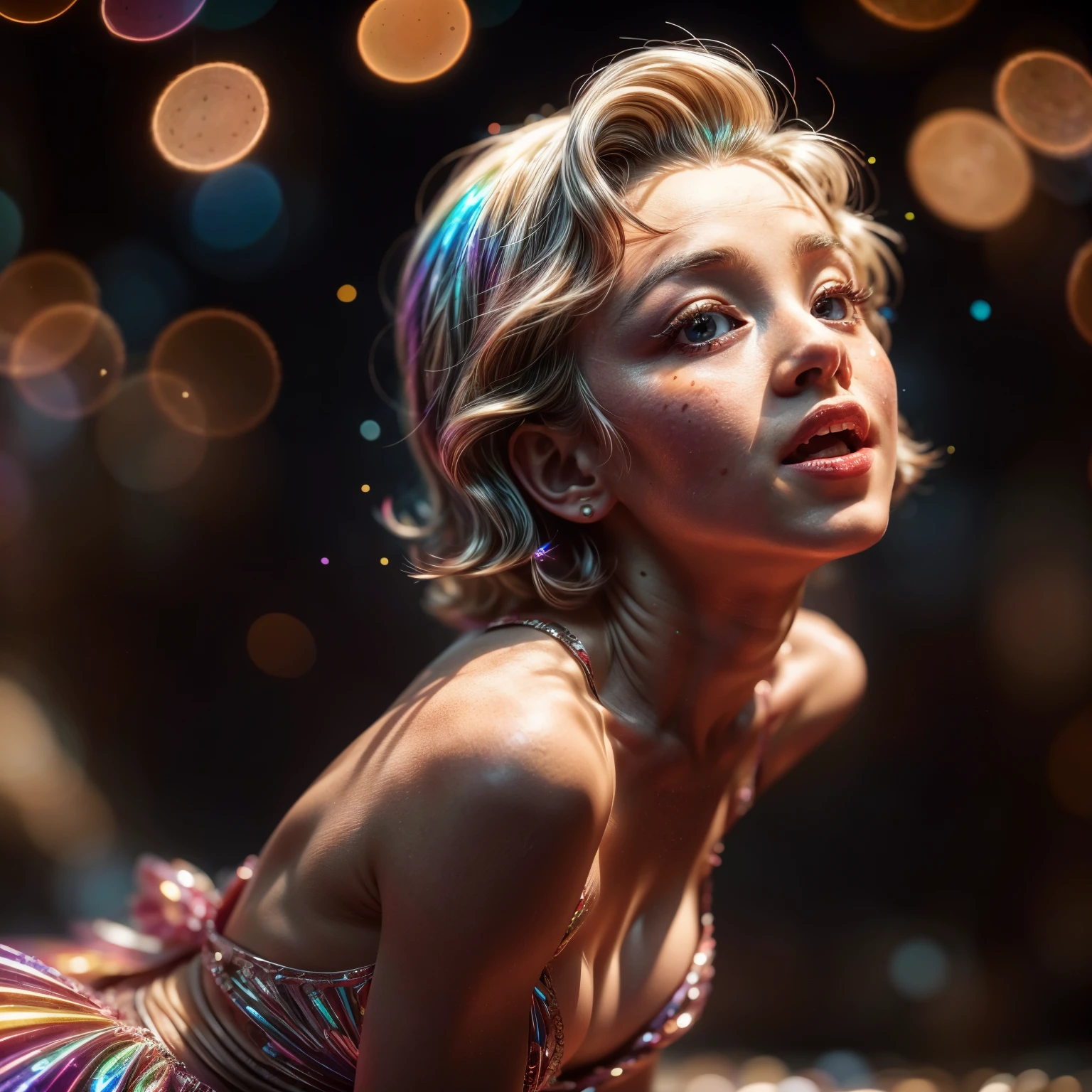8k, High-level, absurd, masterpiece, best quality, primitive, very detailed CG, very detailed wallpaper, perfect lighting, Extremely detailed (((The personifying "Marilyn Monroe" as a TinyGirl))), MysticSight, Tyndall effect, Tyndall scattering, (Studio gray background with (many Dazzling RainbowColor particles BokeH)), (RoundlyButts, ThighGap), (Assfocus with looking ahead), BREAK (NOGIZAKA face variations) Extremely Detailed very KAWAII face variations, perfect anatomy, Childish, captivating gaze, elaborate detailed Eyes with (sparkling highlights:1.28), long eyelashes、Glossy RED Lips with beautiful details, Coquettish tongue, Rosy cheeks, Radiant PearlSkin with clear transparency . { (Dynamic LifeLike expressions:1.4) | :d) }, (large eyes:-1) .