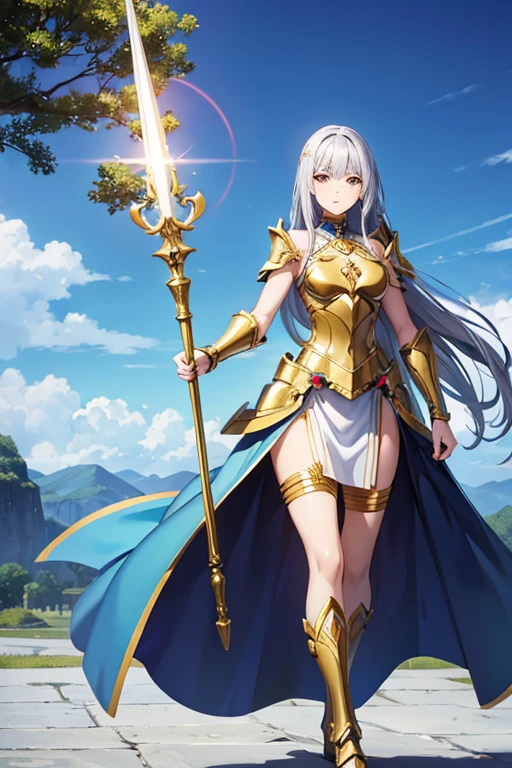Anime Art、Full body portrait、Warriors in fantasy worlds、Under the blue sky、1A tall woman, about 170cm tall and about 34 years old, wearing a golden breastplate and shoulder armor and a long white skirt reaching down to her ankles, walking with a long spear in her hand.、Hair is semi-long、Silver Hair、Expressionless、Golden Eyes、Arm guard、Leggers、Wearing a helmet with wing-shaped ornaments、Flat chest