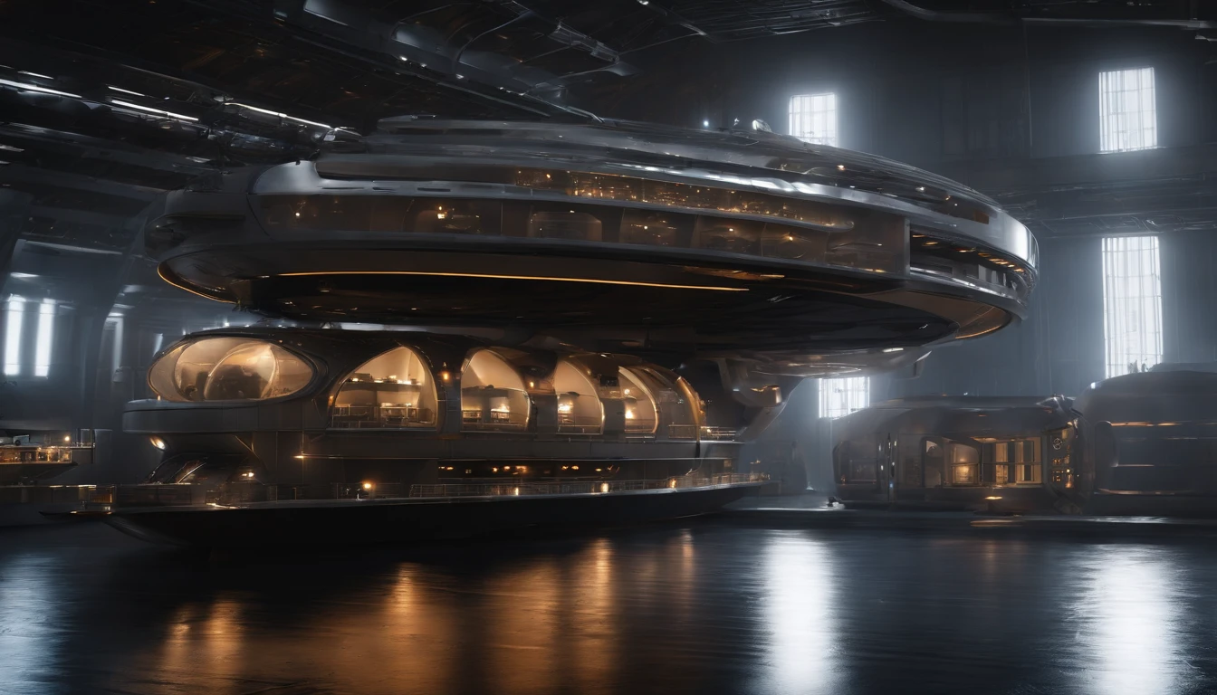 A stunning 3D render of an enormous factory space station, blending dark beach orange and metallic accents. The station resembles a mix of Babylon 5 and Deep Space 9, with six O'Neal Class space stations surrounding it and hundreds of starships creating a bustling atmosphere. Make a realistic starship out of something resembling 2 humongous steel cans, that are 244' long as 2 separate areas for the crew living quarters, the bridge , & control rooms for fresh food, and make them on a 45° angle from the front of the 144' in diameter elliptical body. The body has the engine room, and the guts of the ship. Now make nacels, that resemble D batteries, that are 96' long and tubular,& 90° angle above the back of the ship. This ship is orbiting Saturn and is near one of Saturn's Rings. Make a realistic starship out of something resembling 2 humongous steel cans, that are 244' long as 2 separate areas for the crew living quarters, the bridge , & control rooms for fresh food, and make them on a 45° angle from the front of the 144' in diameter elliptical body. The body has the engine room, and the guts of the ship. Now make nacels, that resemble AAA batteries, that are 96' long and tubular, and 90° angle above the back of the ship. This ship is orbiting Saturn and is near one of Saturn's Rings. Make a realistic starship out of something resembling 2 humongous steel cans, that are 244' long as 2 separate areas for the crew living quarters, the bridge , & control rooms for fresh food, and make them on a 45° angle from the front of the 144' in diameter elliptical body. The body has the engine room, and the guts of the ship. Now make nacels, that resemble D batteries, that are 96' long and tubular,& 90° angle above the back of the ship. This ship is orbiting Saturn and is near one of Saturn's Rings.The colossal factory shipyard features a stunning contrast against the blackness of space, with vibrant glass, crystal, and diamond elements. The overall ambiance of the scene