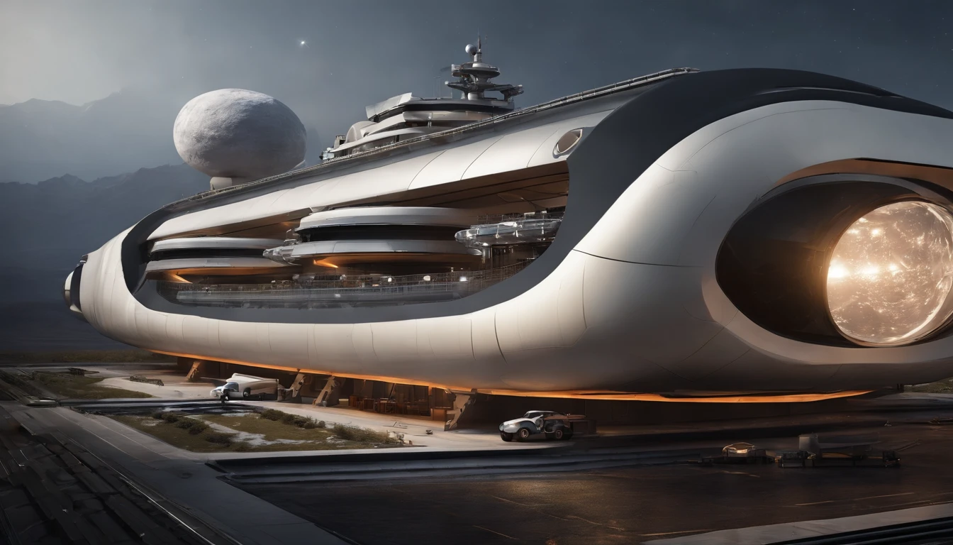 A stunning 3D render of an enormous factory space station, blending dark beach orange and metallic accents. The station resembles a mix of Babylon 5 and Deep Space 9, with six O'Neal Class space stations surrounding it and hundreds of starships creating a bustling atmosphere. Make a realistic starship out of something resembling 2 humongous steel cans, that are 244' long as 2 separate areas for the crew living quarters, the bridge , & control rooms for fresh food, and make them on a 45° angle from the front of the 144' in diameter elliptical body. The body has the engine room, and the guts of the ship. Now make nacels, that resemble D batteries, that are 96' long and tubular,& 90° angle above the back of the ship. This ship is orbiting Saturn and is near one of Saturn's Rings. Make a realistic starship out of something resembling 2 humongous steel cans, that are 244' long as 2 separate areas for the crew living quarters, the bridge , & control rooms for fresh food, and make them on a 45° angle from the front of the 144' in diameter elliptical body. The body has the engine room, and the guts of the ship. Now make nacels, that resemble AAA batteries, that are 96' long and tubular, and 90° angle above the back of the ship. This ship is orbiting Saturn and is near one of Saturn's Rings. Make a realistic starship out of something resembling 2 humongous steel cans, that are 244' long as 2 separate areas for the crew living quarters, the bridge , & control rooms for fresh food, and make them on a 45° angle from the front of the 144' in diameter elliptical body. The body has the engine room, and the guts of the ship. Now make nacels, that resemble D batteries, that are 96' long and tubular,& 90° angle above the back of the ship. This ship is orbiting Saturn and is near one of Saturn's Rings.The colossal factory shipyard features a stunning contrast against the blackness of space, with vibrant glass, crystal, and diamond elements. The overall ambiance of the scene