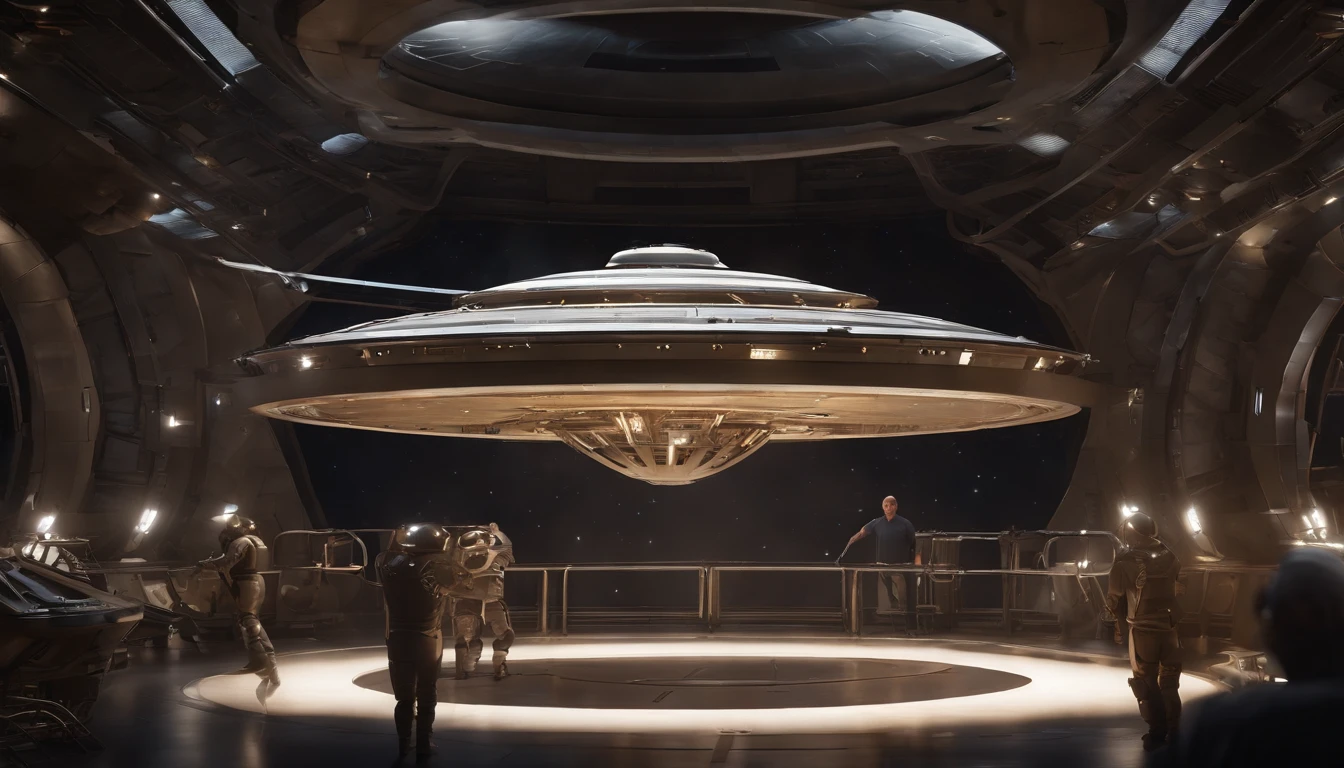A stunning 3D render of an enormous factory space station, blending dark beach orange and metallic accents. The station resembles a mix of Babylon 5 and Deep Space 9, with six O'Neal Class space stations surrounding it and hundreds of starships creating a bustling atmosphere. Make a realistic starship out of something resembling 2 humongous steel cans, that are 244' long as 2 separate areas for the crew living quarters, the bridge , & control rooms for fresh food, and make them on a 45° angle from the front of the 144' in diameter elliptical body. The body has the engine room, and the guts of the ship. Now make nacels, that resemble D batteries, that are 96' long and tubular,& 90° angle above the back of the ship. This ship is orbiting Saturn and is near one of Saturn's Rings. Make a realistic starship out of something resembling 2 humongous steel cans, that are 244' long as 2 separate areas for the crew living quarters, the bridge , & control rooms for fresh food, and make them on a 45° angle from the front of the 144' in diameter elliptical body. The body has the engine room, and the guts of the ship. Now make nacels, that resemble AAA batteries, that are 96' long and tubular, and 90° angle above the back of the ship. This ship is orbiting Saturn and is near one of Saturn's Rings. Make a realistic starship out of something resembling 2 humongous steel cans, that are 244' long as 2 separate areas for the crew living quarters, the bridge , & control rooms for fresh food, and make them on a 45° angle from the front of the 144' in diameter elliptical body. The body has the engine room, and the guts of the ship. Now make nacels, that resemble D batteries, that are 96' long and tubular,& 90° angle above the back of the ship. This ship is orbiting Saturn and is near one of Saturn's Rings.The colossal factory shipyard features a stunning contrast against the blackness of space, with vibrant glass, crystal, and diamond elements. The overall ambiance of the scene