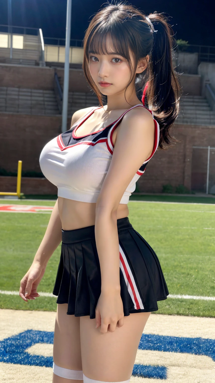 masterpiece, best quality, illustration, Super detailed, fine details, High resolution, 8K,wall paper, perfect dynamic composition,(Details High quality, realistic depiction of eyes:1.3), Photo of Japanese actress in American football studium, ponytail, night, dark, cheerleader, jumping, short skirt, large breasts, sneaker, black hair color, Big Natural Color Lip, perfect body shape, bold sexy pose, crying a little、Harajuku style、20 year old girl、cute type、lolita、beautiful legs, hposing Gravure Idol