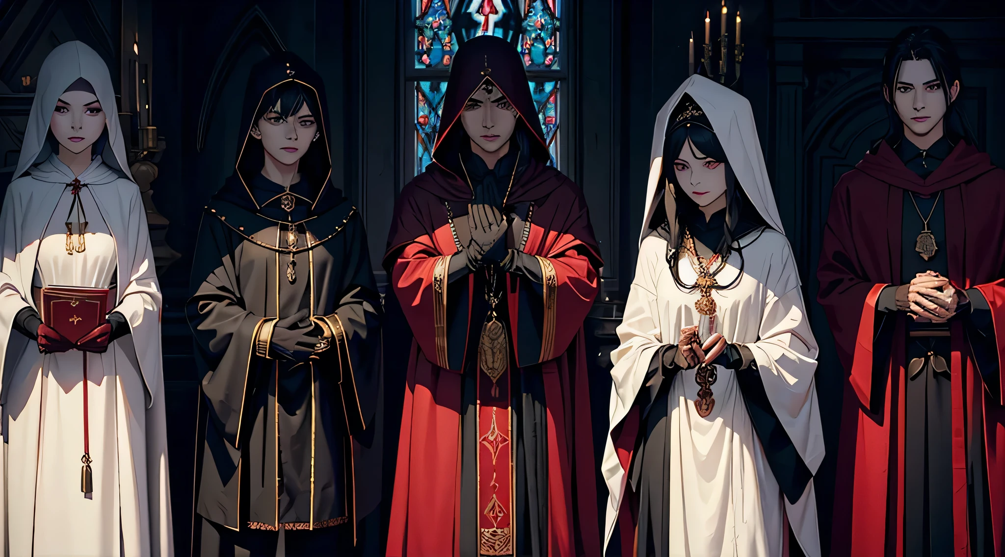 The apostles wear ceremonial robes, The tunics are predominantly black, symbolizing the connection with darkness and the mystery of vampires. Deep red details, representing blood and life. The material is made from luxurious fabrics like silk, to give a feeling of wealth and power, material provided by vampires, there is nothing equally as luxurious in the clothing of the farm people, as for these tunics. The cut is long and fluid, hitting the ground, with wide sleeves that open in the shape of a bell, allowing graceful and imposing movements during ceremonies. A wide hood that can partially cover the face, adding an air of mystery and reverence. Interior of the hood lined with red fabric, visible when hood is worn. The cape is fastened at the shoulder with stylized brooches., symbols associated with vampires. Heavy gold necklaces with pendants shaped like vampire teeth, small vials containing red liquid, symbolizing the essence of life and submission to vampiric power. Dark leather belts with ornate buckles, where the apostles can carry small sacred books, amulets or ritual tools. Fine leather and black lace gloves, to add a touch of elegance and mystery.
