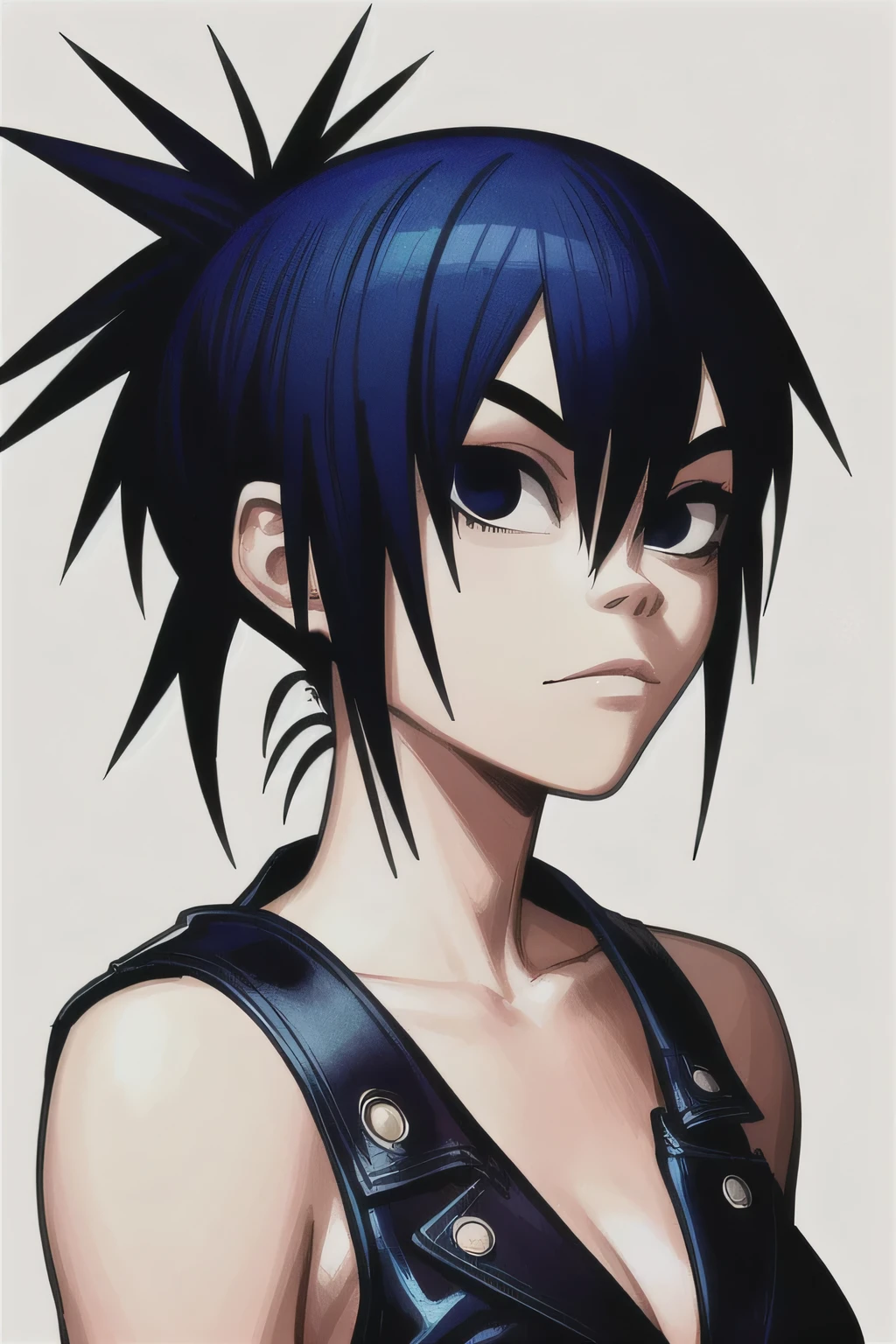 noodle (Gorillaz), masterpiece, Best quality, 1 girl, One, It has, blue hair, ponytail, draw up, bang, Collar, short hair, portrait, pomade, black eyes, a parody, breast,