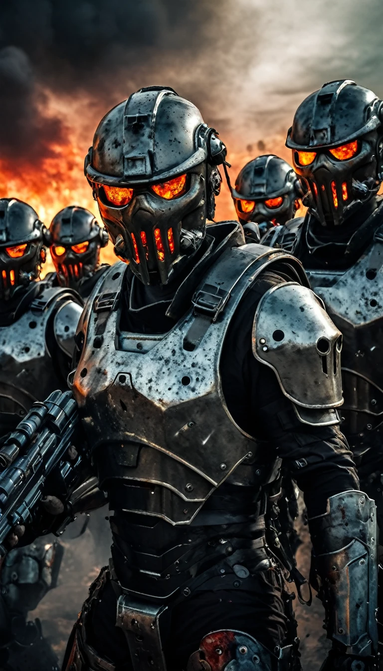 ((Zombie warriors)), half human, half beast, their faces are partially obscured by military helmets. Their eyes are filled with sadness and longing. The background is a smear of blood and violence. They wear a mechanized robot armor, carved with animal elements, human skulls. The sky is filled with swirling, fiery clouds. The photo conveys a strong sense of the warrior's appearance, ((they are shooting at the zombies)), ((they are killing the undead)), ((they are burning the grisly undead)), cinematic backdrop