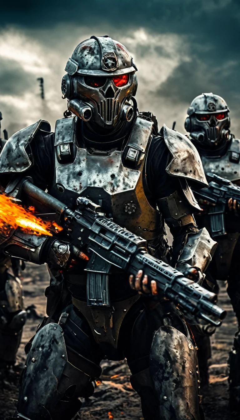 ((Zombie warriors)), half human, half beast, their faces are partially obscured by military helmets. Their eyes are filled with sadness and longing. The background is a smear of blood and violence. They wear a mechanized robot armor, carved with animal elements, human skulls. The sky is filled with swirling, fiery clouds. The photo conveys a strong sense of the warrior's appearance, ((they are shooting at the zombies)), ((they are killing the undead)), ((they are burning the grisly undead)), cinematic backdrop