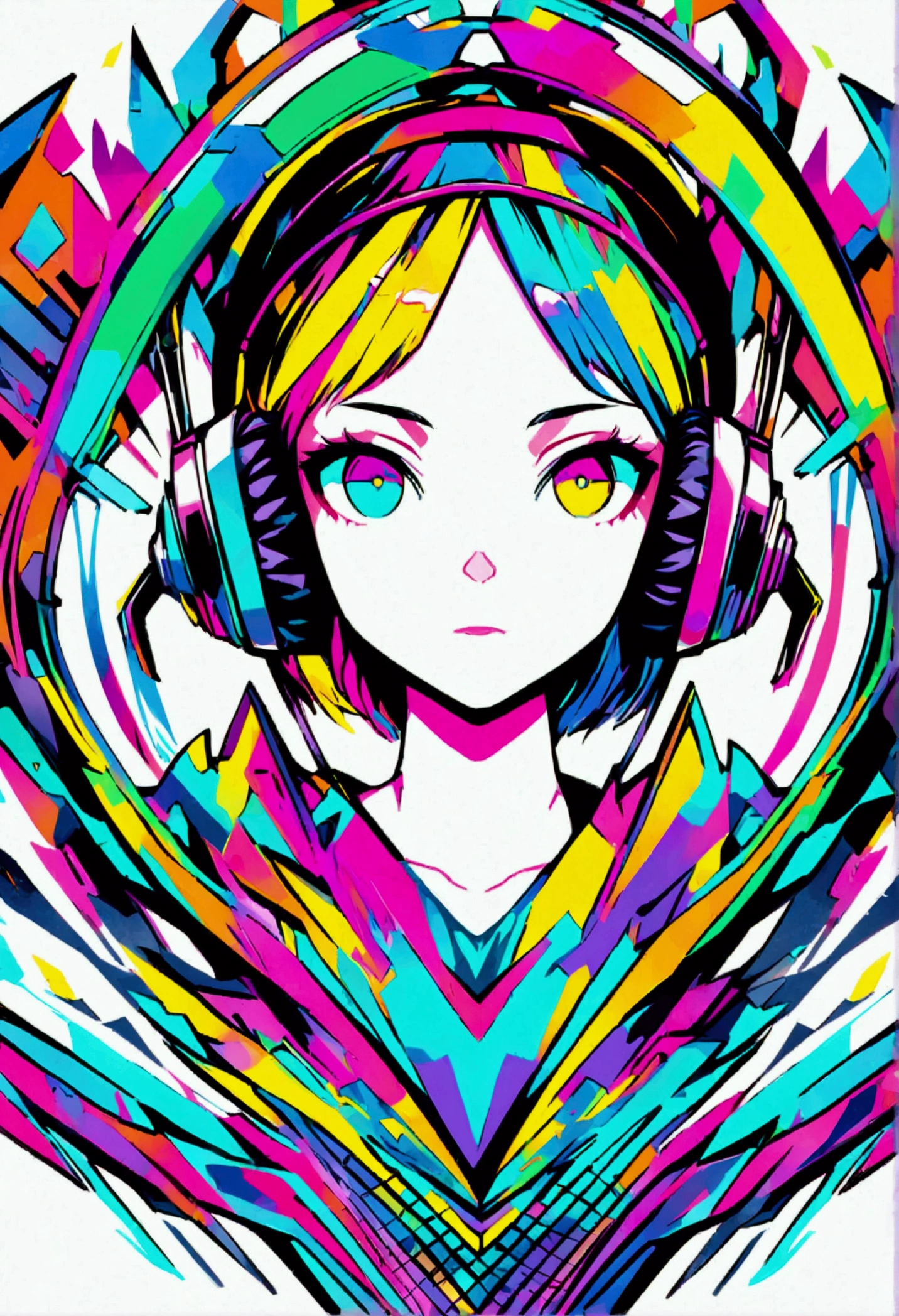 synth wave style head phones, Vibrant and modern 2D flat vector art illustration,with a focus on a professional graphic design aesthetic ,ideal for a colorful t-shirt design,white background, outline,
