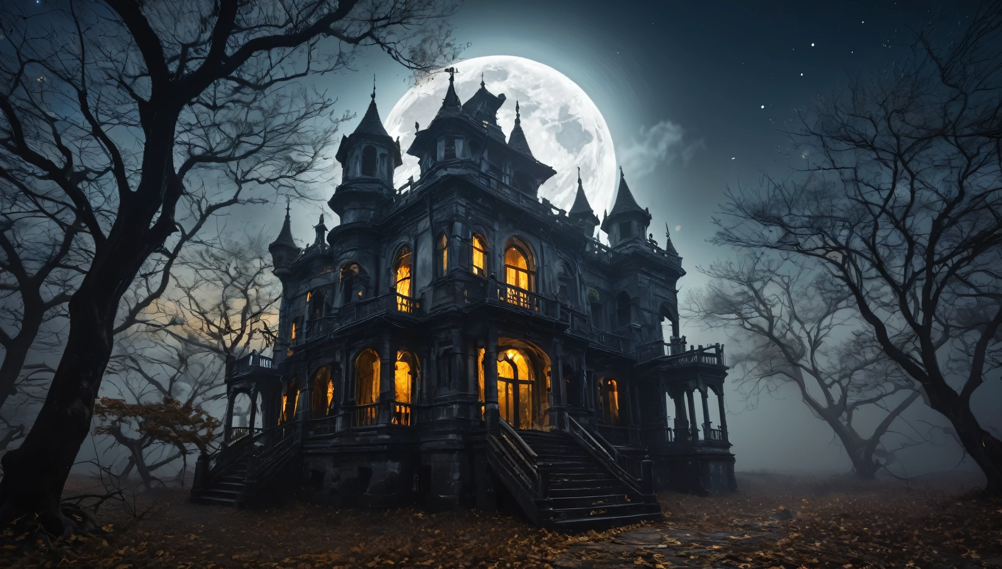 （Moon Night Fantasy Skeleton Fortress：1.4），（（Skeleton Castle）），tree branch，Lots of branches，amber tinge，gold color，fog atmosphere，dark cloude，swirleysterious and dark，blood vess，uncanny，fog atmosphere，dense fog，opaque，streamer，bblurry，Torn clouds，（（3 moons in three colors）），Clear and detailed image quality，Engaging shots，Soft lighting，Great details，Transparent starry sky，Unique architecture，Blinking lights，Active character actions，（best qualtiy：1.4），tmasterpiece，super-fine，A detailed，acurate，depth of fields ，absurderes、A high resolution、ultra - detailed，（Unattended：1.3），Break，Create an image using a prism effect，Light refracts and creates colorful、A kaleidoscopic look。 Break , design an image with fisheye lens effect，Capture a wide field of view with a unique curved perspective。 Break，，Dappled sunlight，Tranquil natural beauty。 Break , Depict a monochrome world，Use only black、White and gray shades to convey depth、Emotional and compelling visual impact。