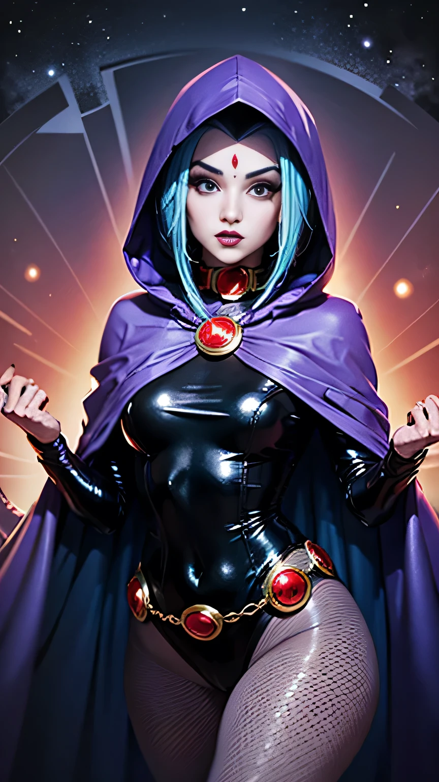 (blue hair:1.3), illustration of Raven from DC Comics, 1 girl, Raven, high collar, black leotard, black cape, hooded cloak, cabelo azul, testa jeauel, purples eyes, shorth hair, belt, stretched skin, standing, neckleace, toned, pose, natta , moonlights, ((posando)), motion lines, trunk, trunk, portraite, b&au. contour, in anime tarot card art style, chic, glamourous, reflection, Glow Up, shadowing, pantyhose 40 dinier, mic,