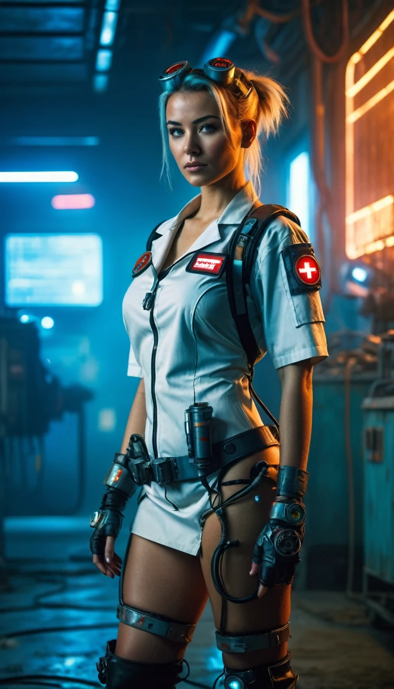 cinematic full body shot of a young and beautiful cyberpunk nurse, wastelands background, old high-tech and rusty stuff, cinematic lighting, 8k, photorealistic, highly detailed, masterpiece, studio quality