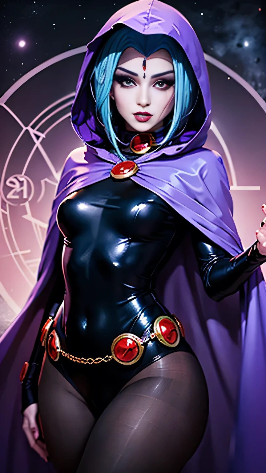 illustration of Raven from DC Comics, 1 girl, Raven, high collar, black leotard, black cape, hooded cloak, cabelo roxo, testa jeauel, purples eyes, shorth hair, belt, stretched skin, standing, neckleace, toned, pose, natta , moonlights, ((posando)), motion lines, trunk, trunk, portraite, b&au. contour, in anime tarot card art style, chic, glamourous, reflection, Glow Up, shadowing, pantyhose 40 dinier, mic, dynamic poses