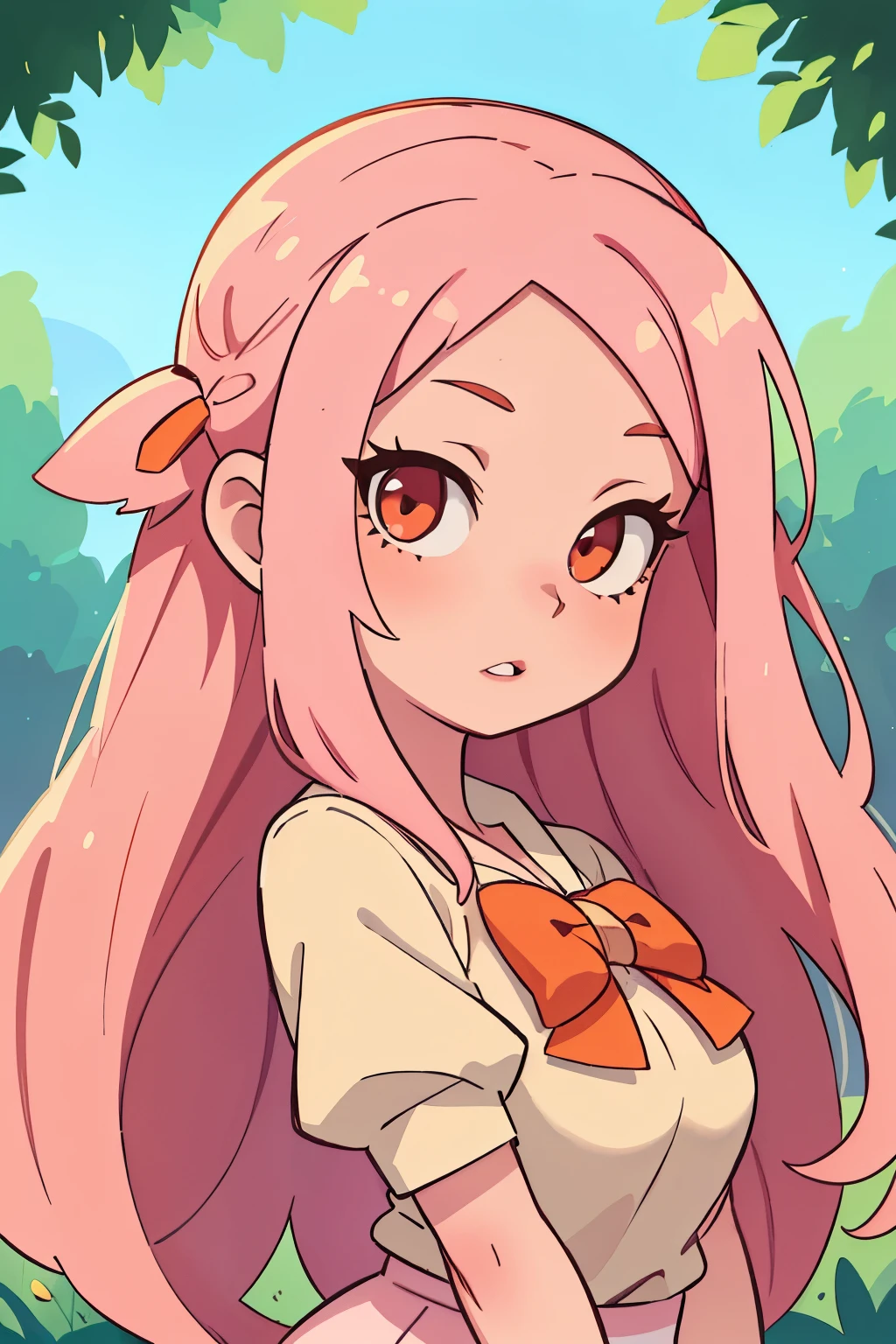 (best qualityer,4K,8k,high resolution,work of art:1.2),ultra detali,realisitic,portraite,Kizi,pink  hair,long hair,beautiful detailed red eyes,beautiful detailed lips,White top,Red bow on neck,Short pink skirt,orange eyes,Illustration style,swirly vibrant colors,warm hues,soft lighting,green garden background